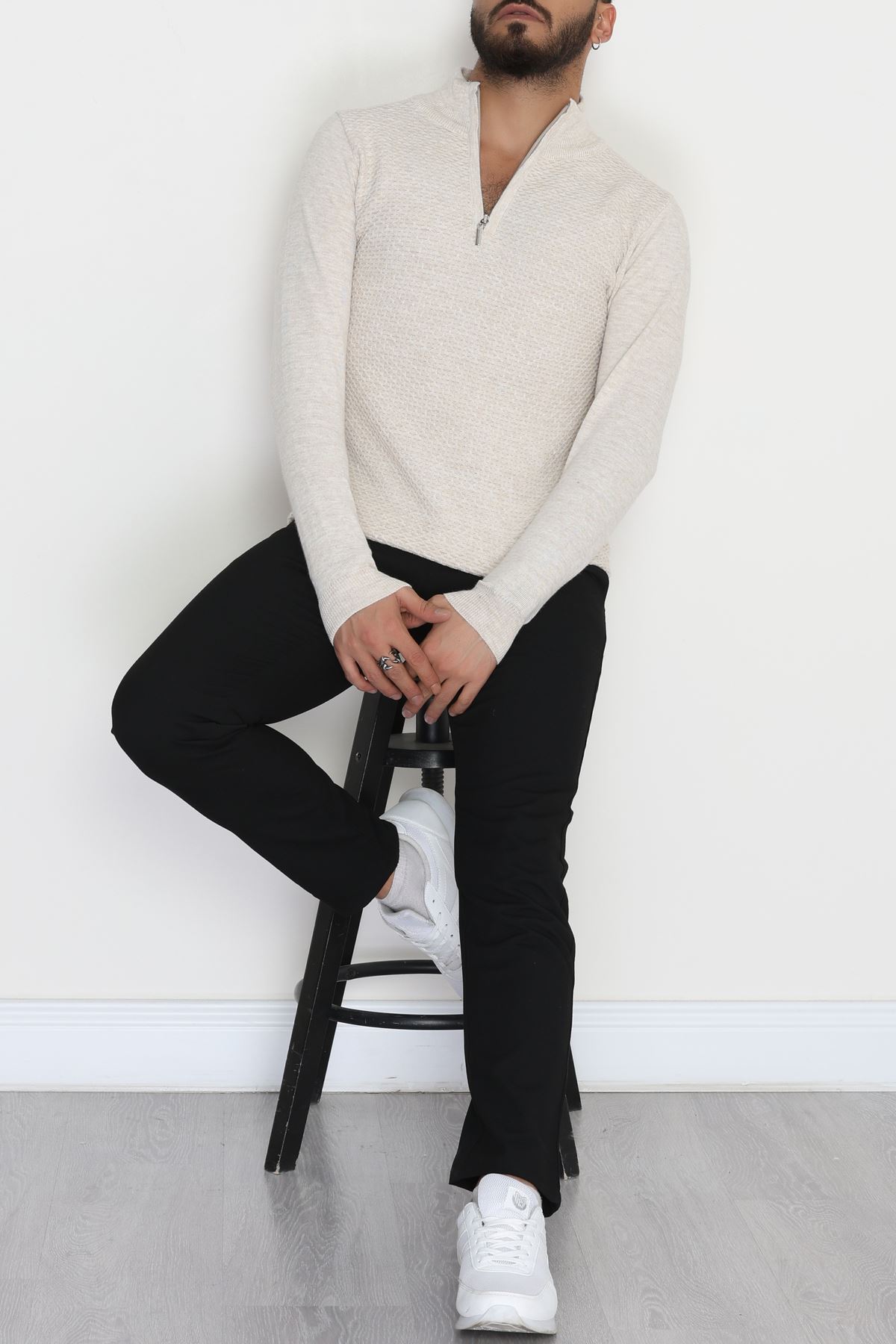 Yakası Fermuarlı Erkek Triko Taş - 2520.2052.