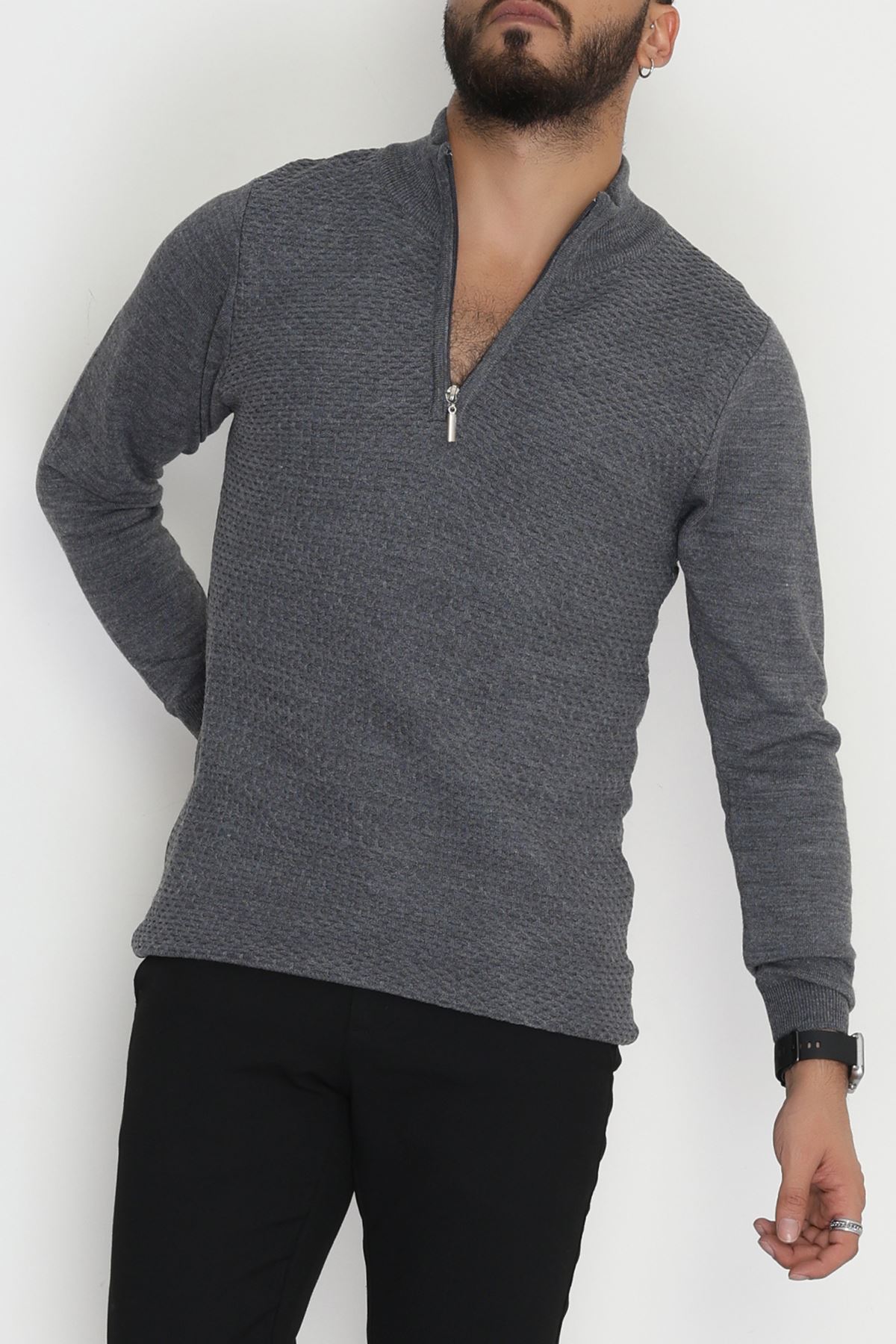 Yakası Fermuarlı Erkek Triko Füme - 2520.2052.