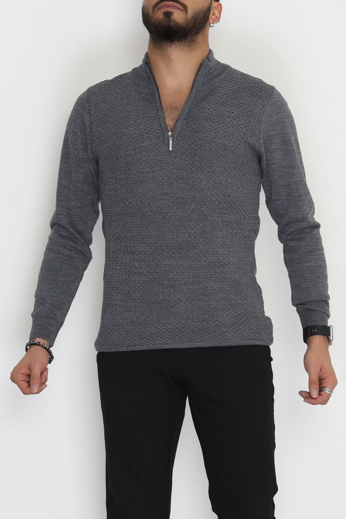 Yakası Fermuarlı Erkek Triko Füme - 2520.2052.