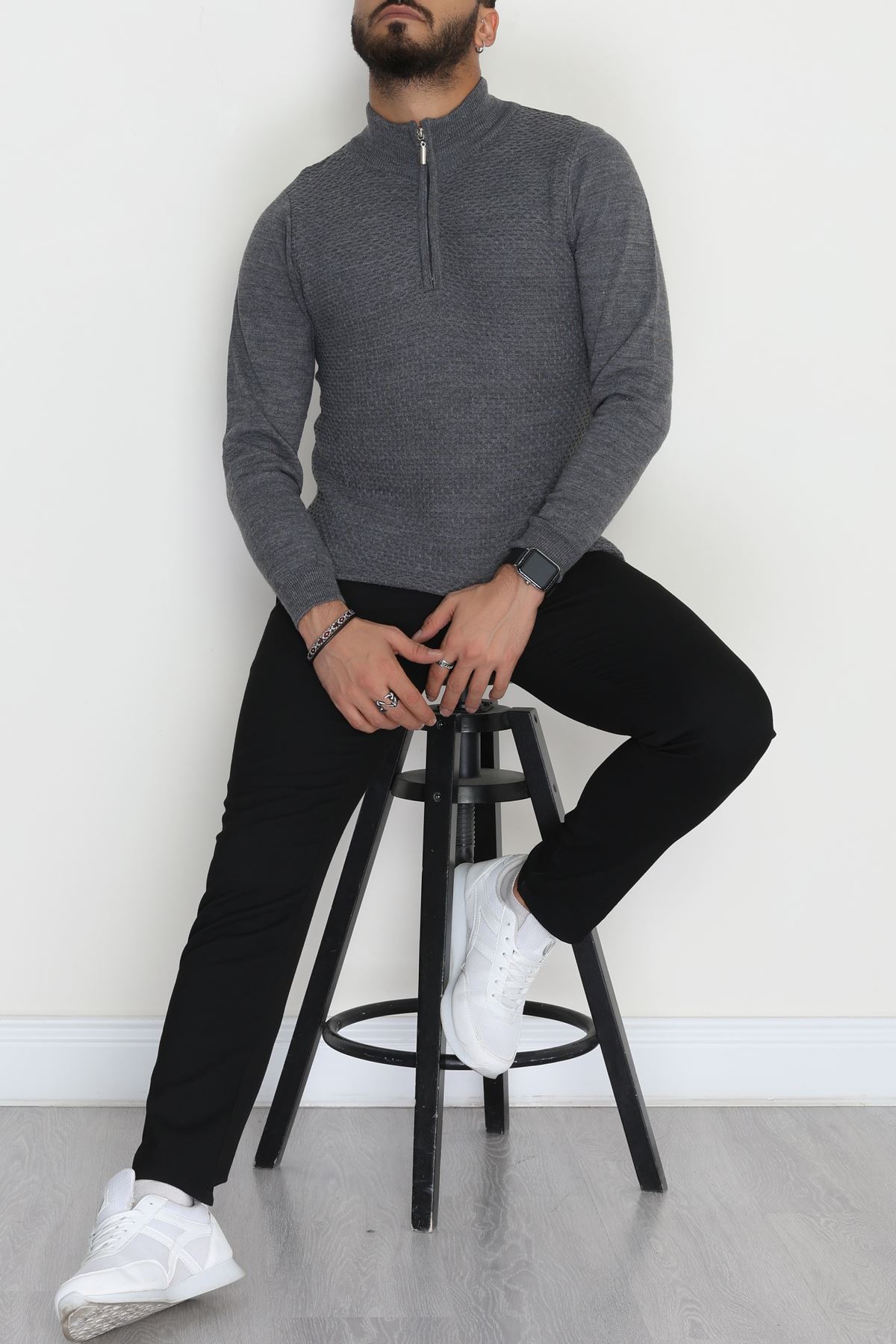Yakası Fermuarlı Erkek Triko Füme - 2520.2052.