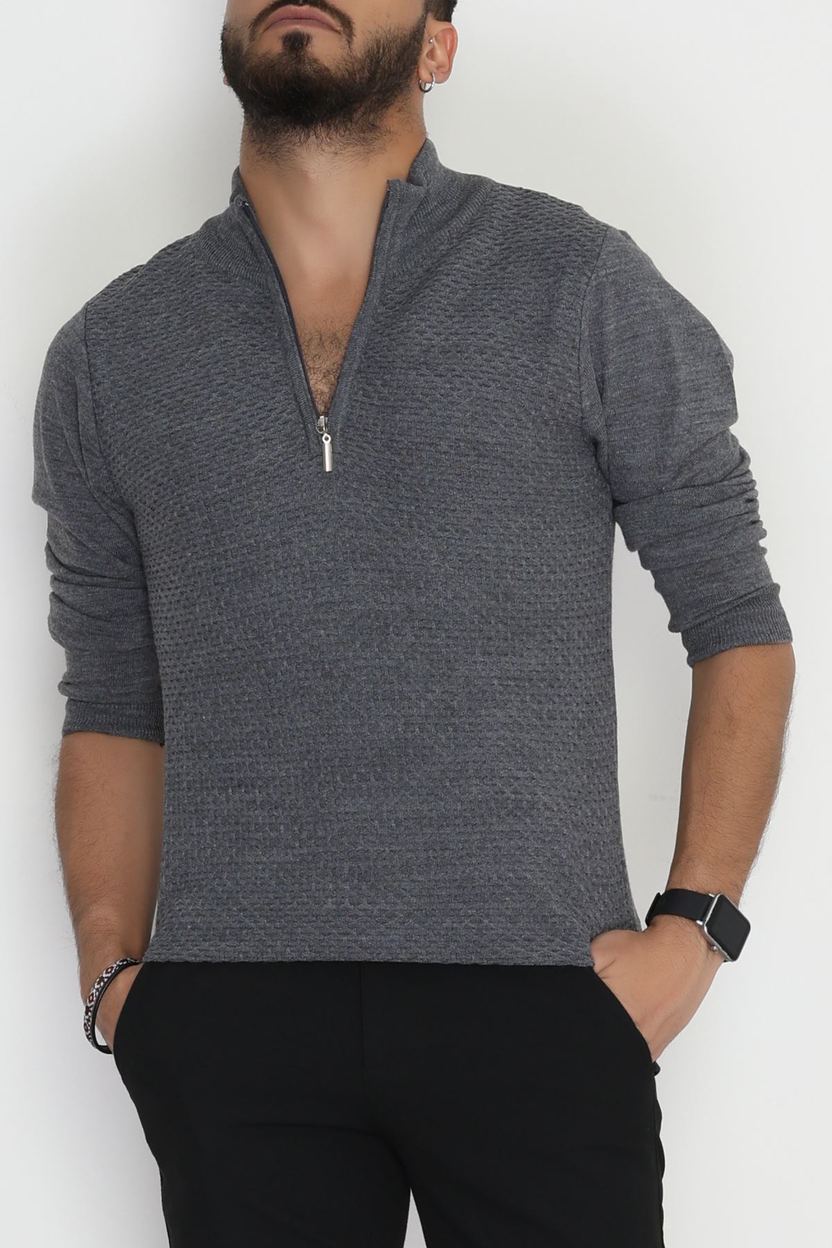 Yakası Fermuarlı Erkek Triko Füme - 2520.2052.