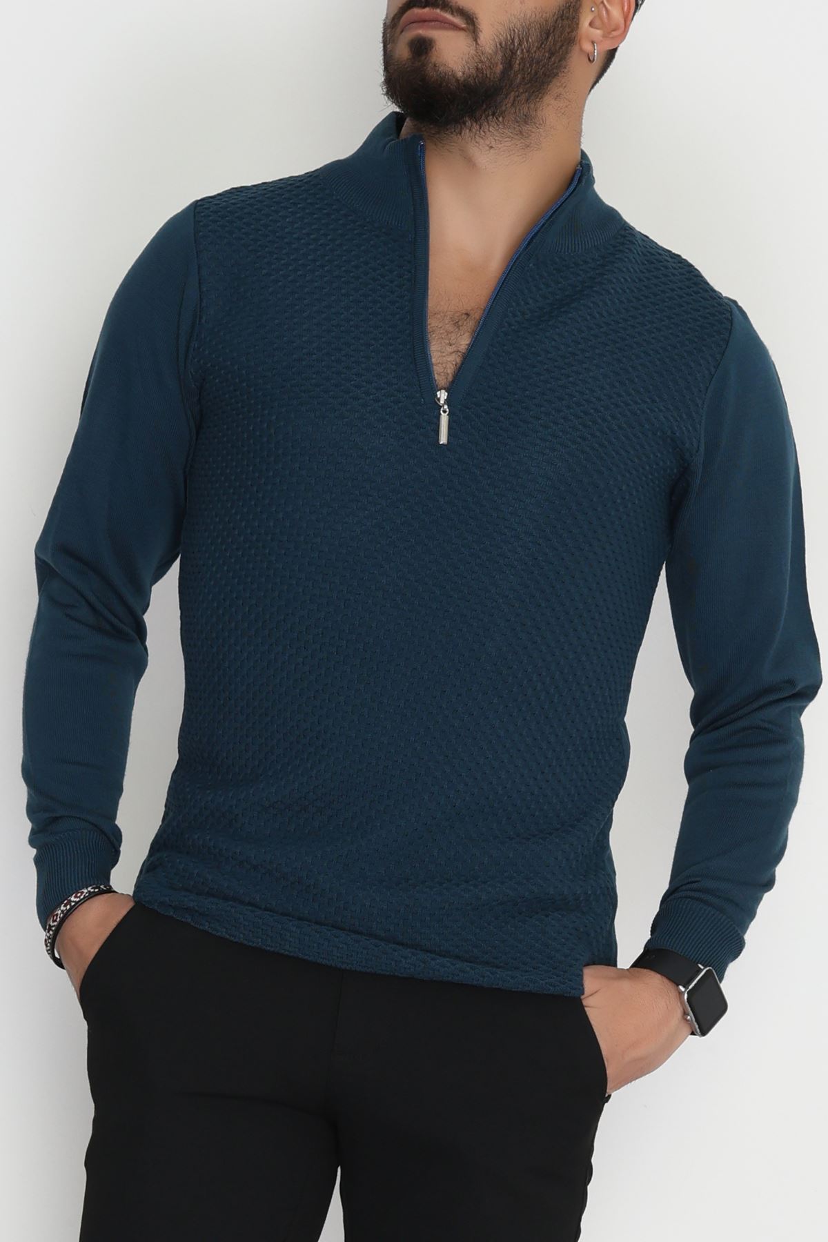Yakası Fermuarlı Erkek Triko Petrol - 2520.2052.