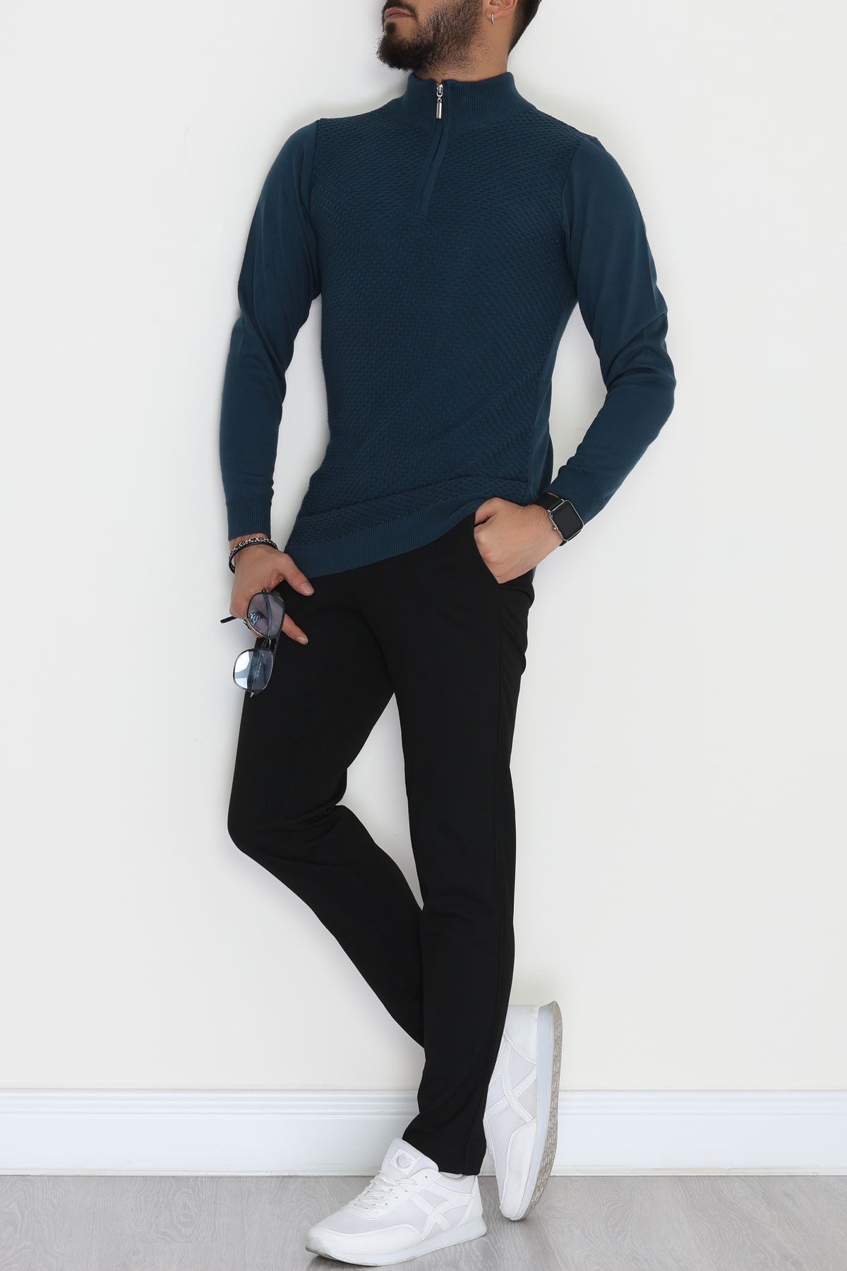 Yakası Fermuarlı Erkek Triko Petrol - 2520.2052.