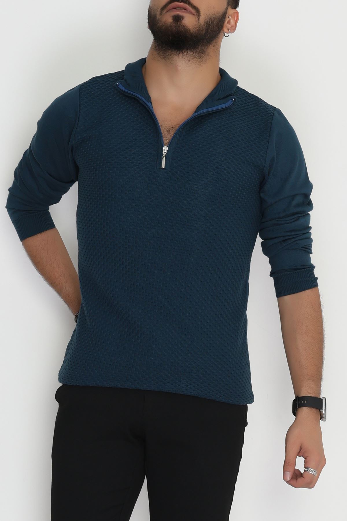 Yakası Fermuarlı Erkek Triko Petrol - 2520.2052.