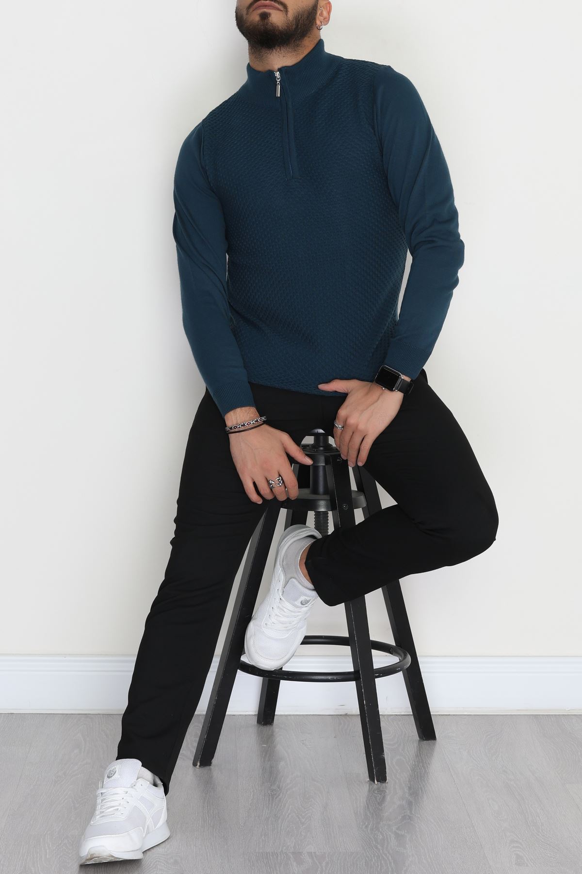 Yakası Fermuarlı Erkek Triko Petrol - 2520.2052.