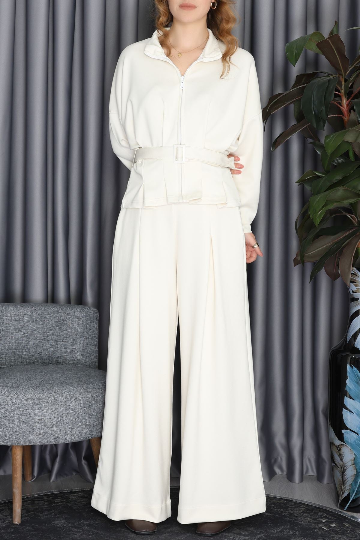 Fermuarlı Ceket Takım Krem - 5241.2097.