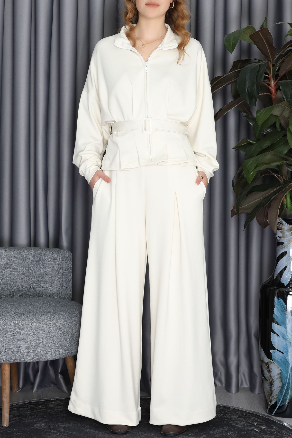 Fermuarlı Ceket Takım Krem - 5241.2097.