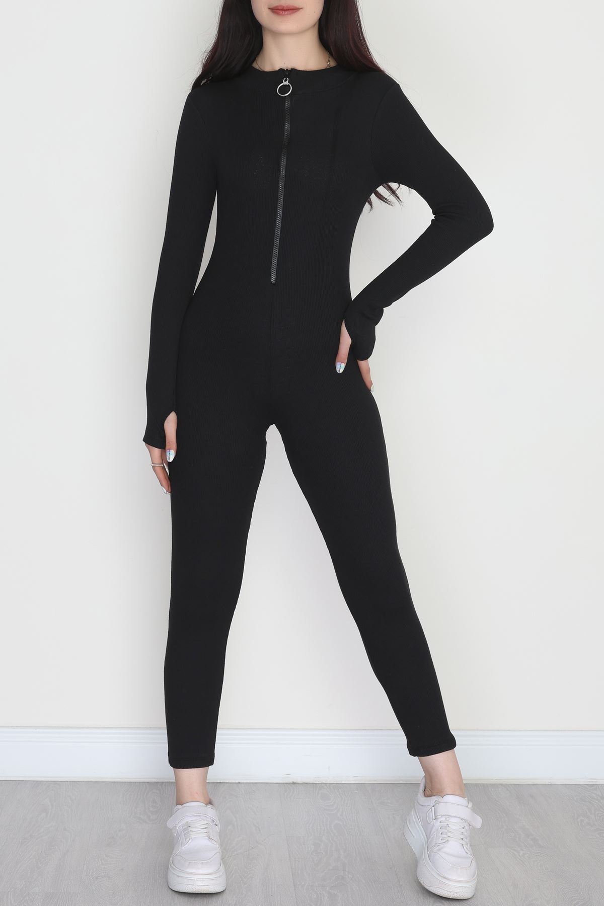 Ön Fermuar Detaylı Likralı Kaşkorse Tulum Siyah - 42620.1748.