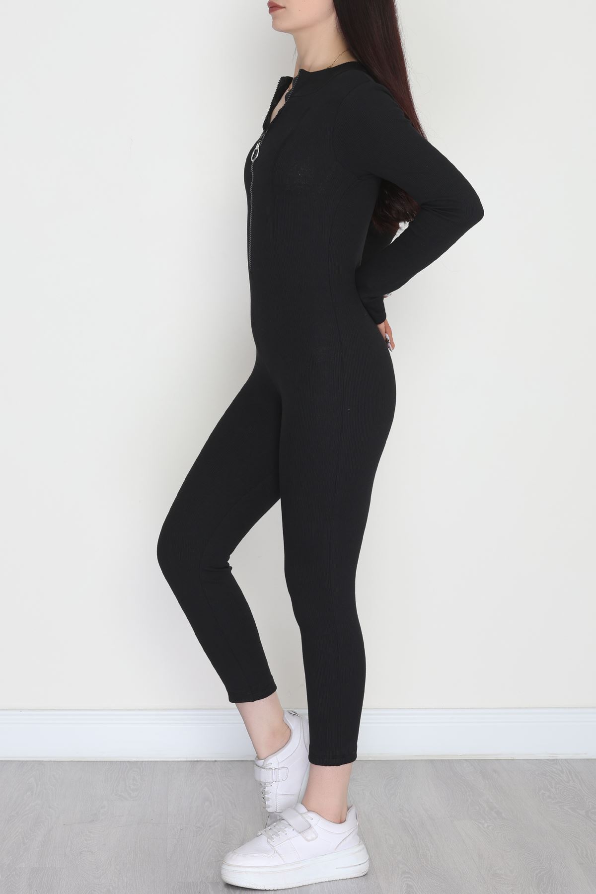 Ön Fermuar Detaylı Likralı Kaşkorse Tulum Siyah - 42620.1748.