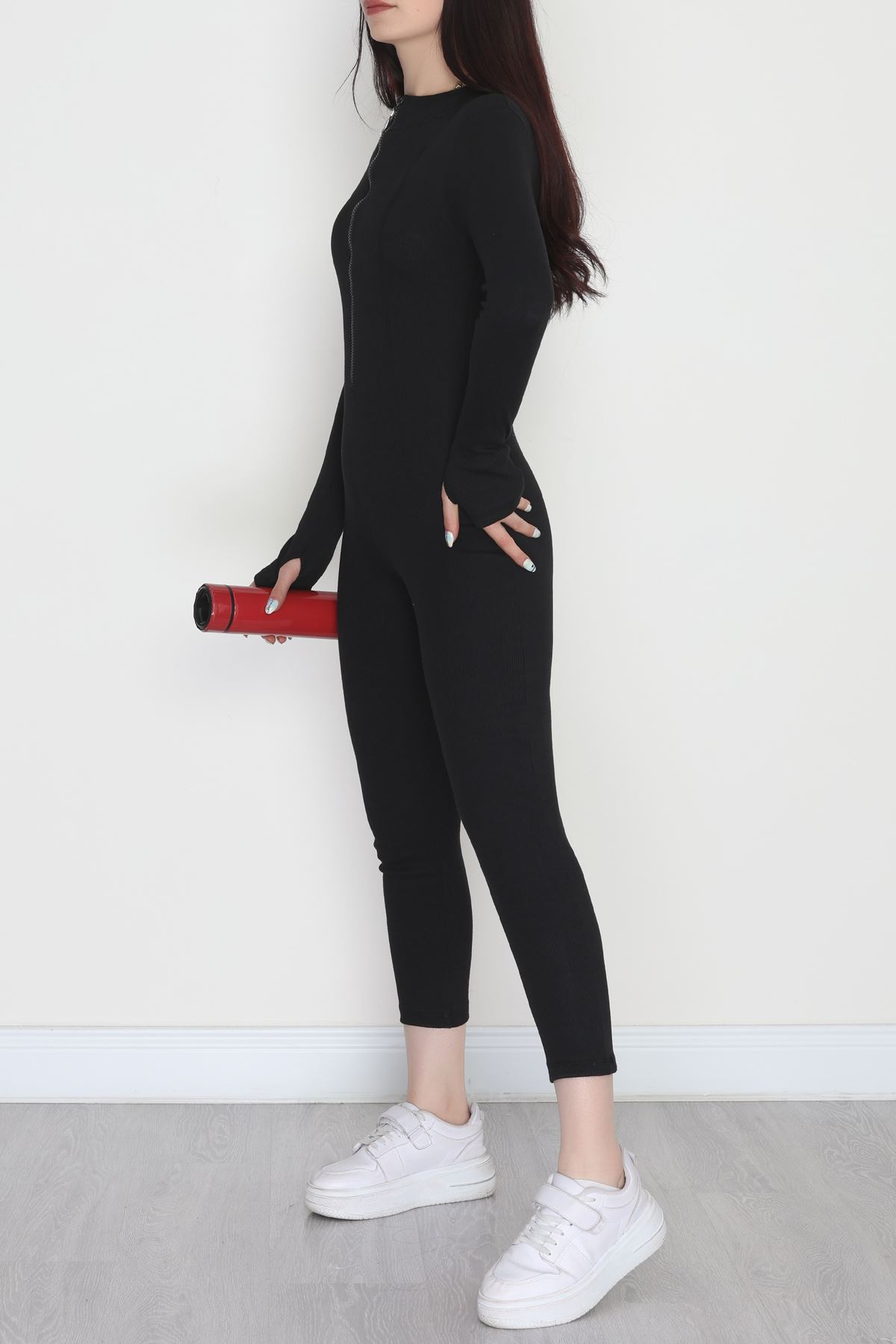 Ön Fermuar Detaylı Likralı Kaşkorse Tulum Siyah - 42620.1748.