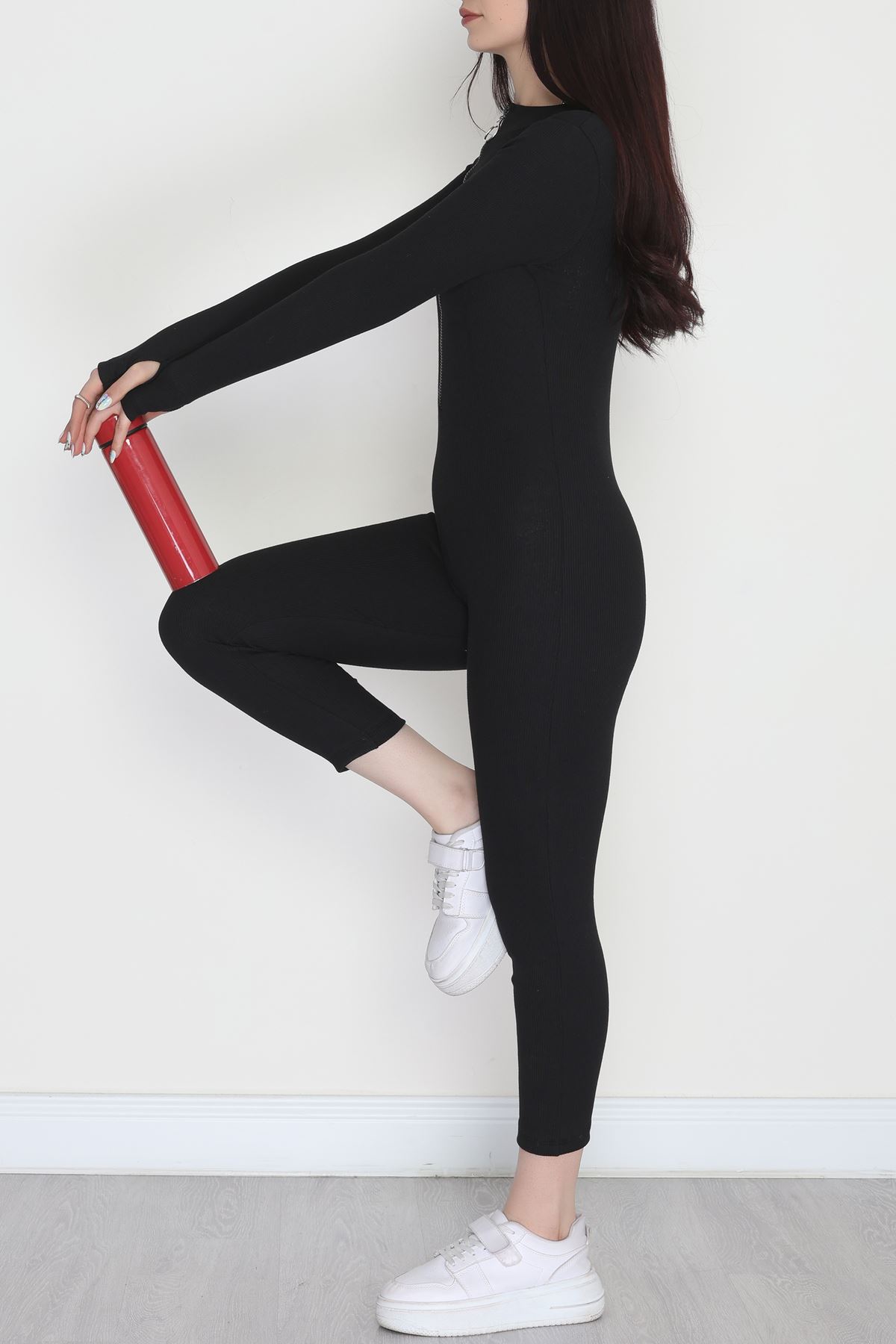 Ön Fermuar Detaylı Likralı Kaşkorse Tulum Siyah - 42620.1748.