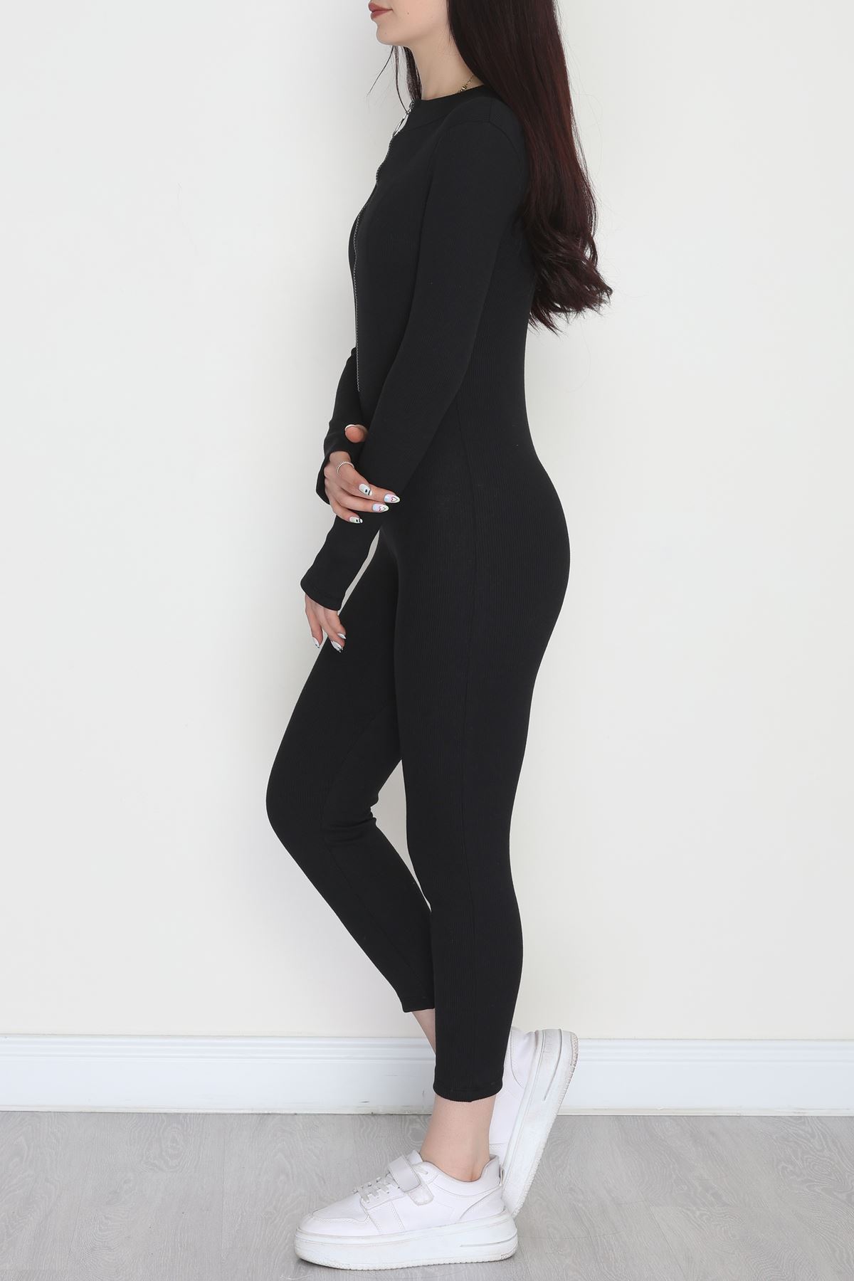 Ön Fermuar Detaylı Likralı Kaşkorse Tulum Siyah - 42620.1748.