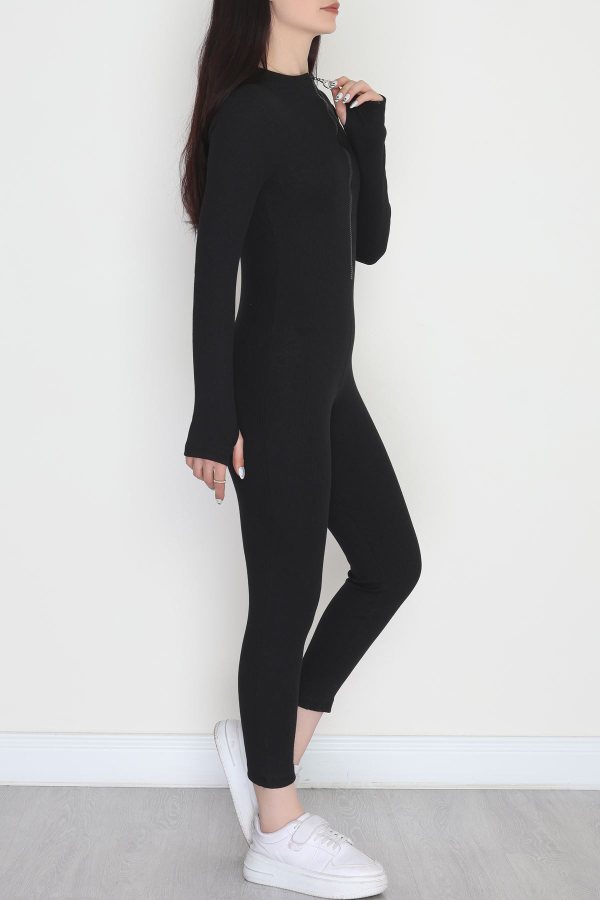 Ön Fermuar Detaylı Likralı Kaşkorse Tulum Siyah - 42620.1748.