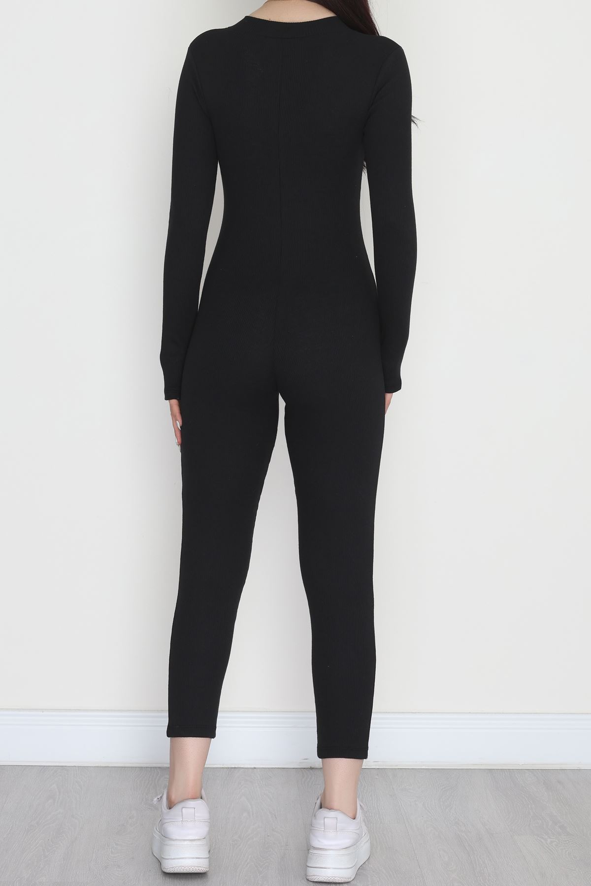 Ön Fermuar Detaylı Likralı Kaşkorse Tulum Siyah - 42620.1748.