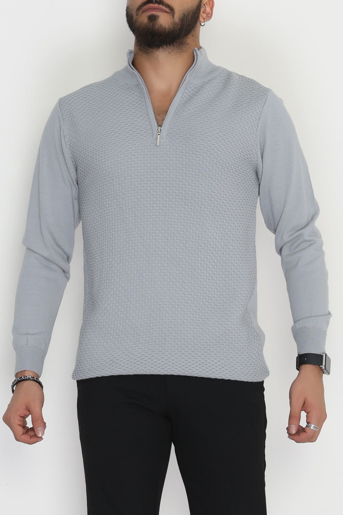 Yakası Fermuarlı Erkek Triko Gri - 2520.2052.