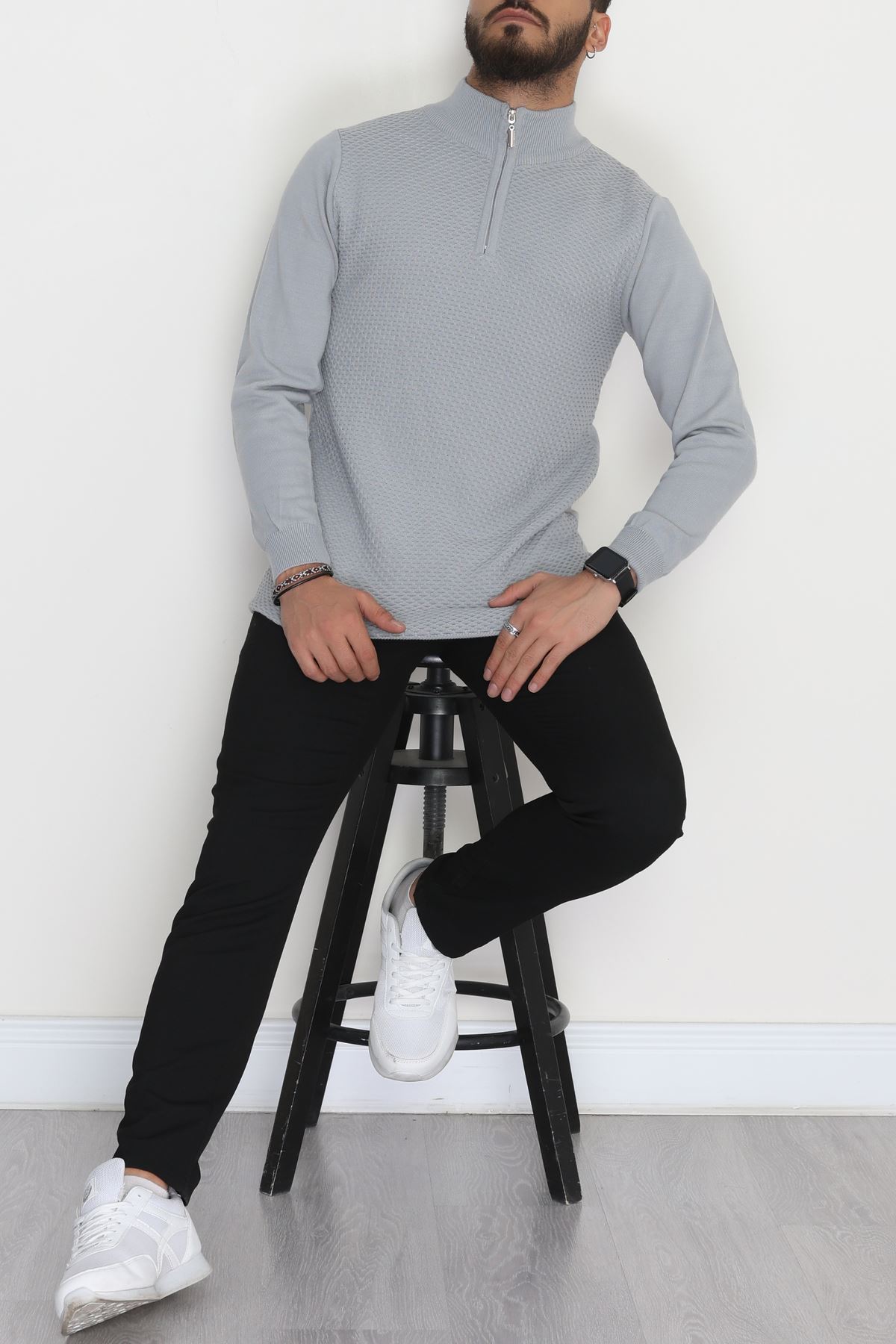 Yakası Fermuarlı Erkek Triko Gri - 2520.2052.
