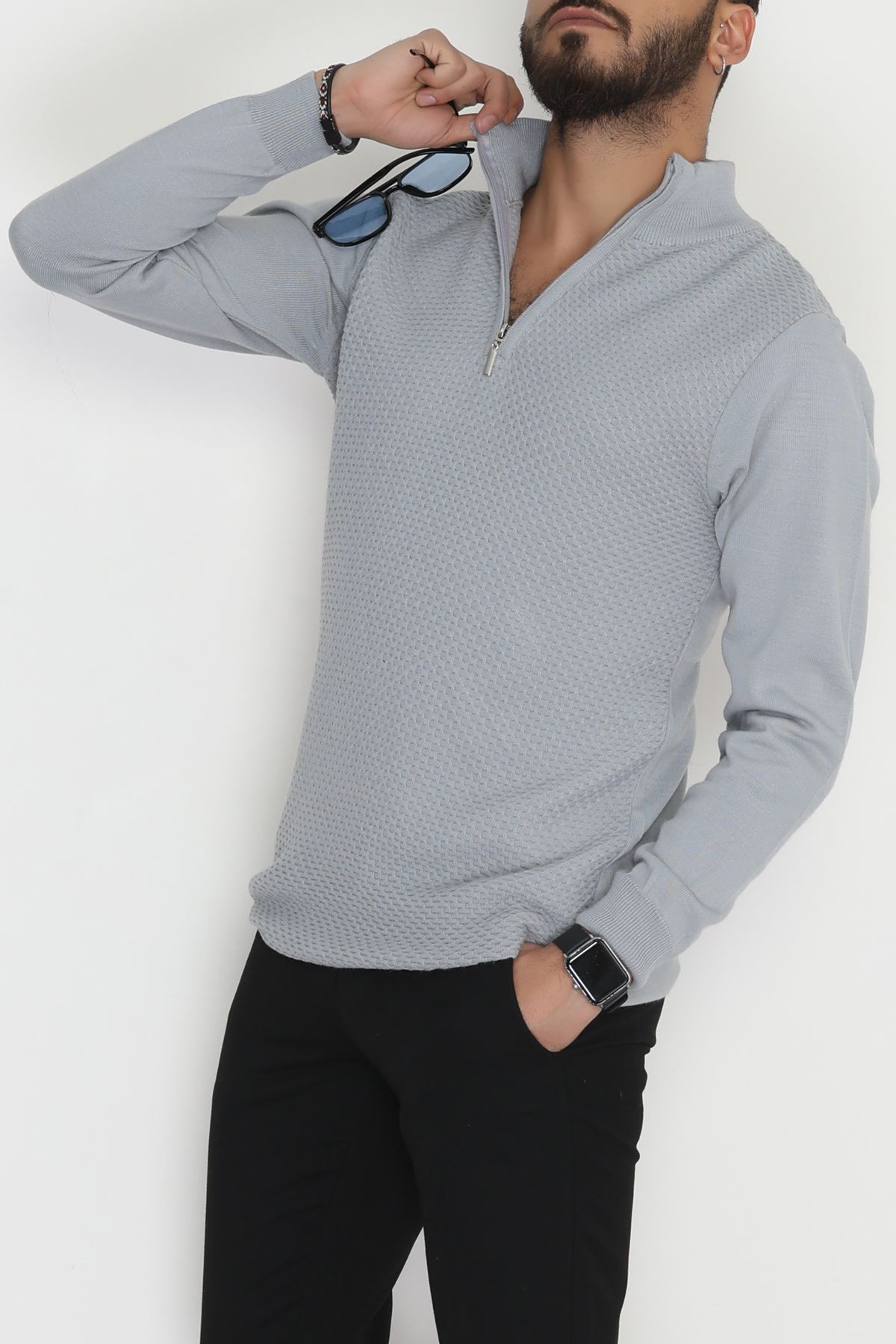 Yakası Fermuarlı Erkek Triko Gri - 2520.2052.
