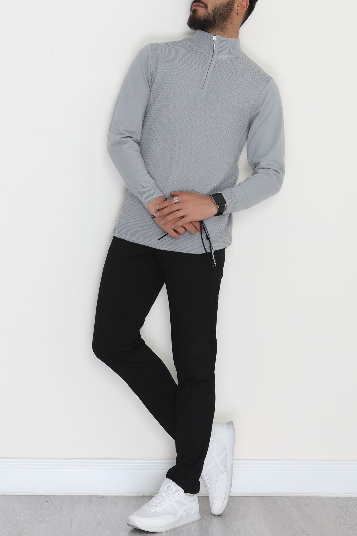 Yakası Fermuarlı Erkek Triko Gri - 2520.2052.