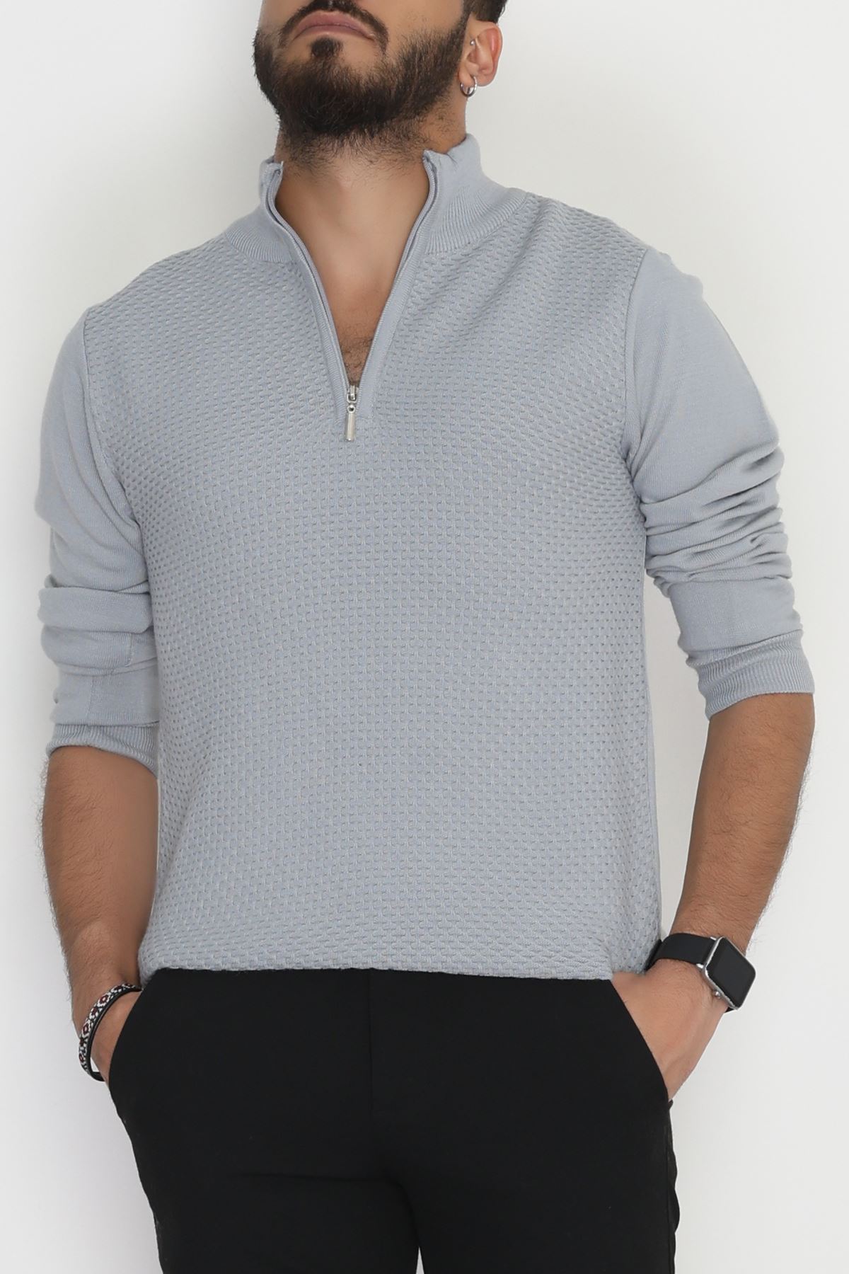 Yakası Fermuarlı Erkek Triko Gri - 2520.2052.