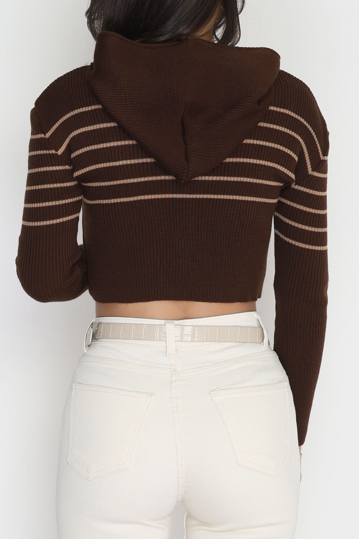 Kapşonlu Çizgili Triko Kahve - 42468.2043.