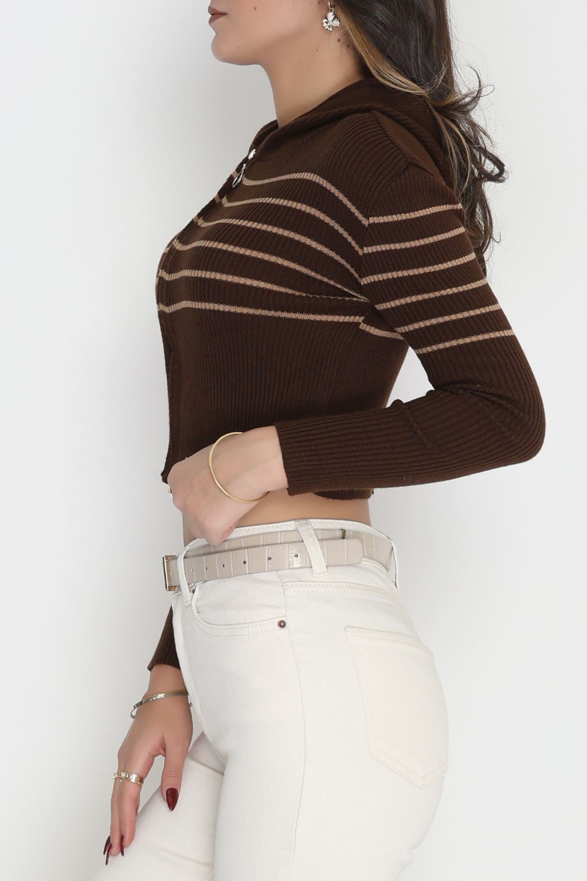 Kapşonlu Çizgili Triko Kahve - 42468.2043.