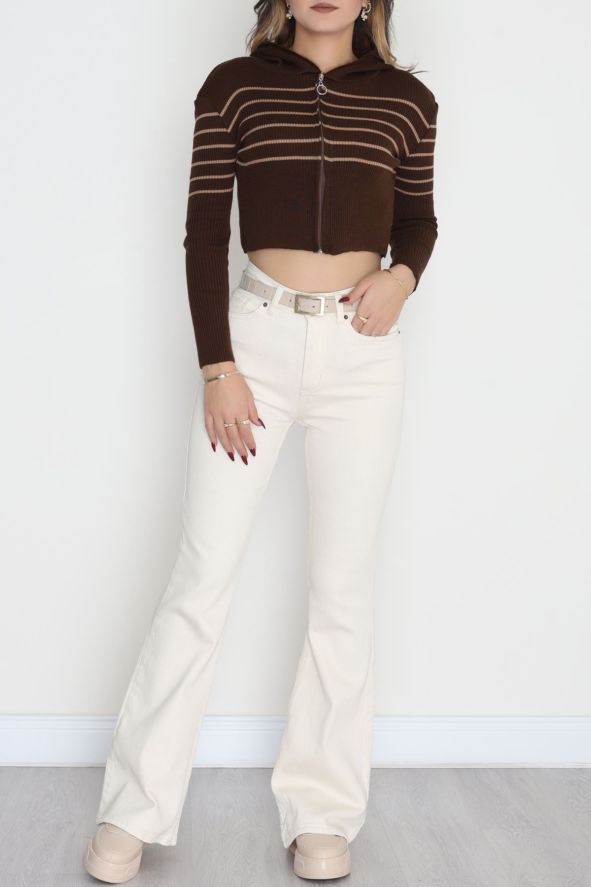 Kapşonlu Çizgili Triko Kahve - 42468.2043.