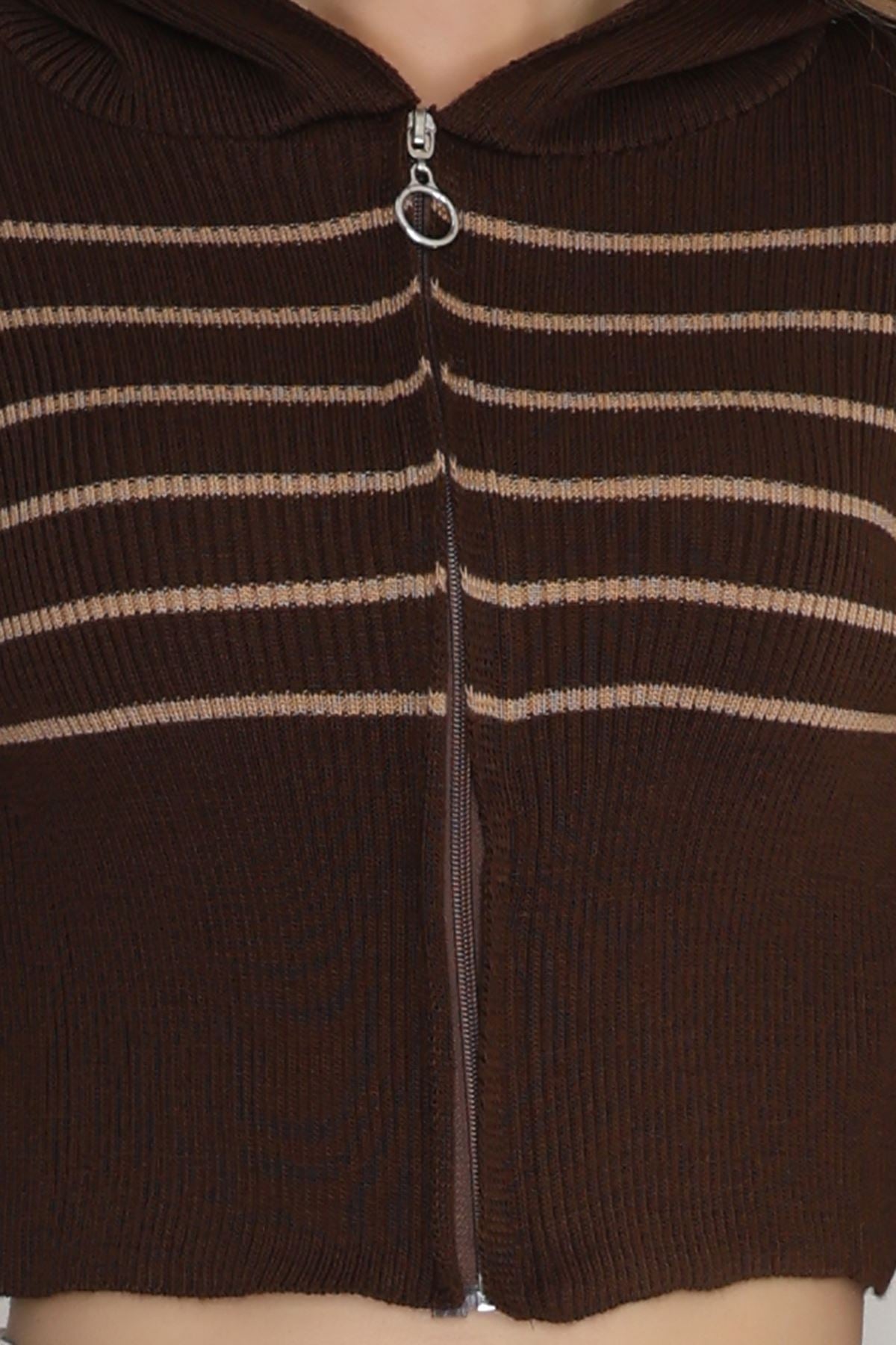 Kapşonlu Çizgili Triko Kahve - 42468.2043.