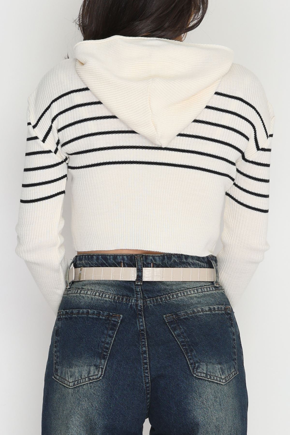 Kapşonlu Çizgili Triko Ekrusiyah - 42468.2043.