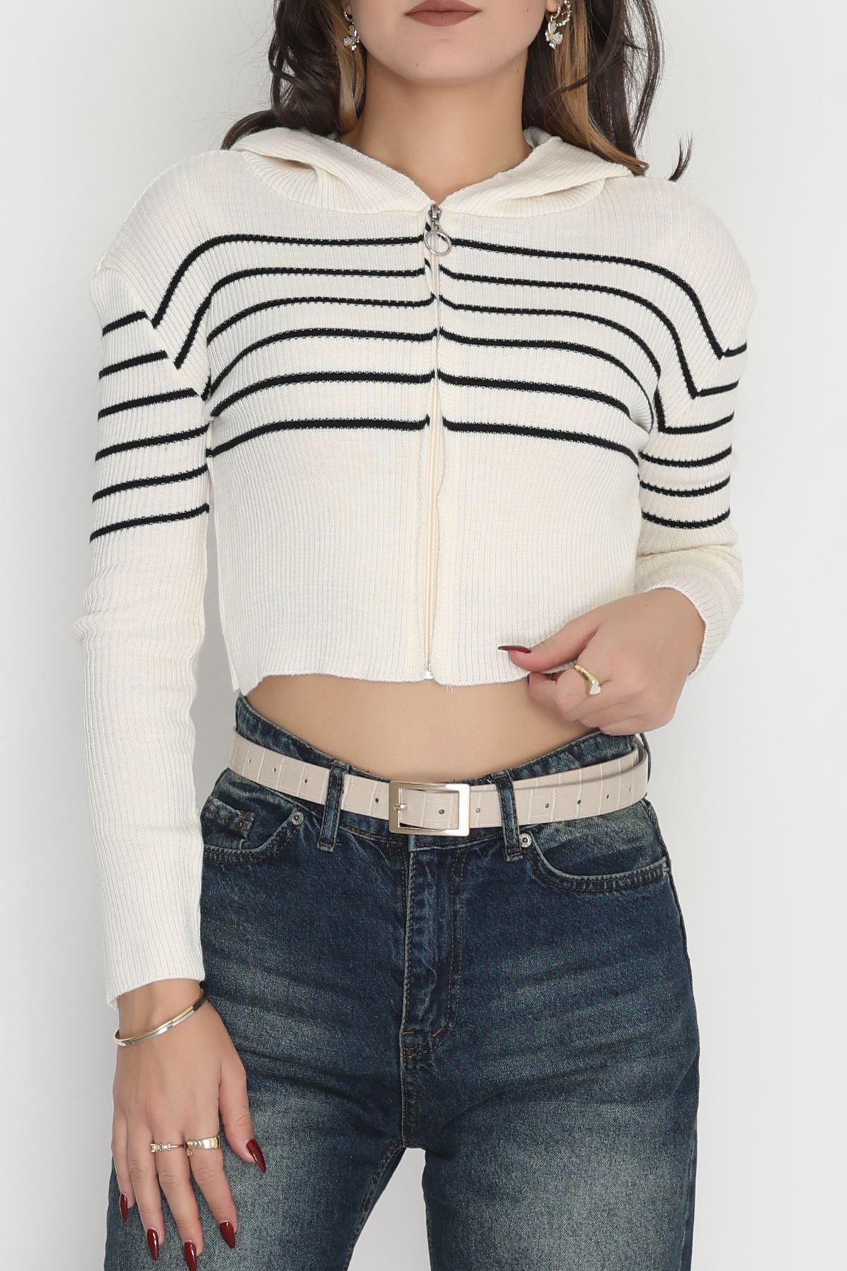 Kapşonlu Çizgili Triko Ekrusiyah - 42468.2043.