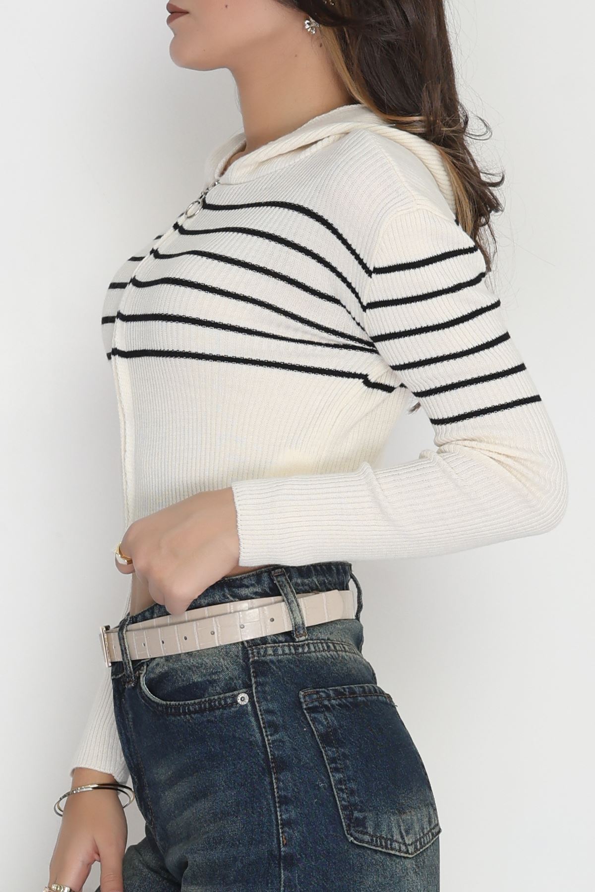 Kapşonlu Çizgili Triko Ekrusiyah - 42468.2043.
