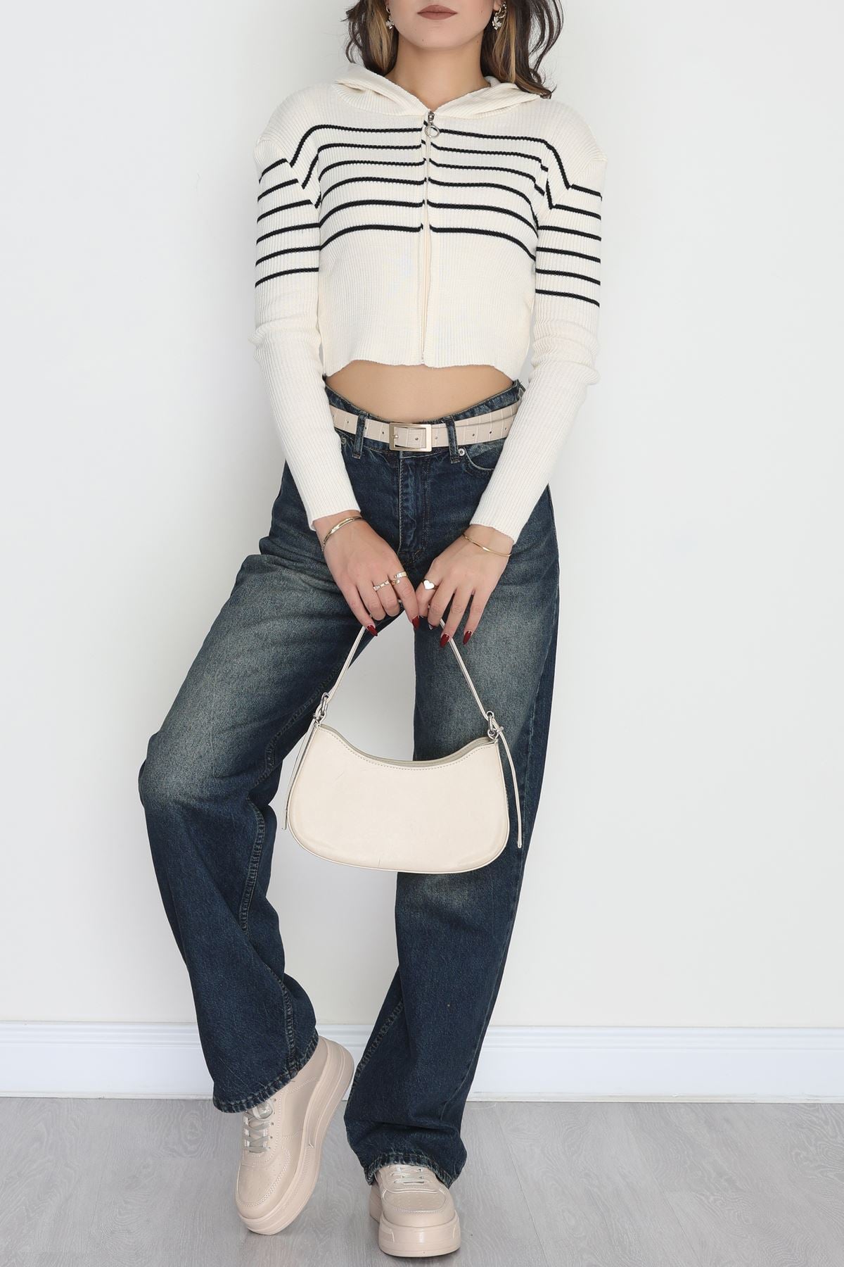 Kapşonlu Çizgili Triko Ekrusiyah - 42468.2043.