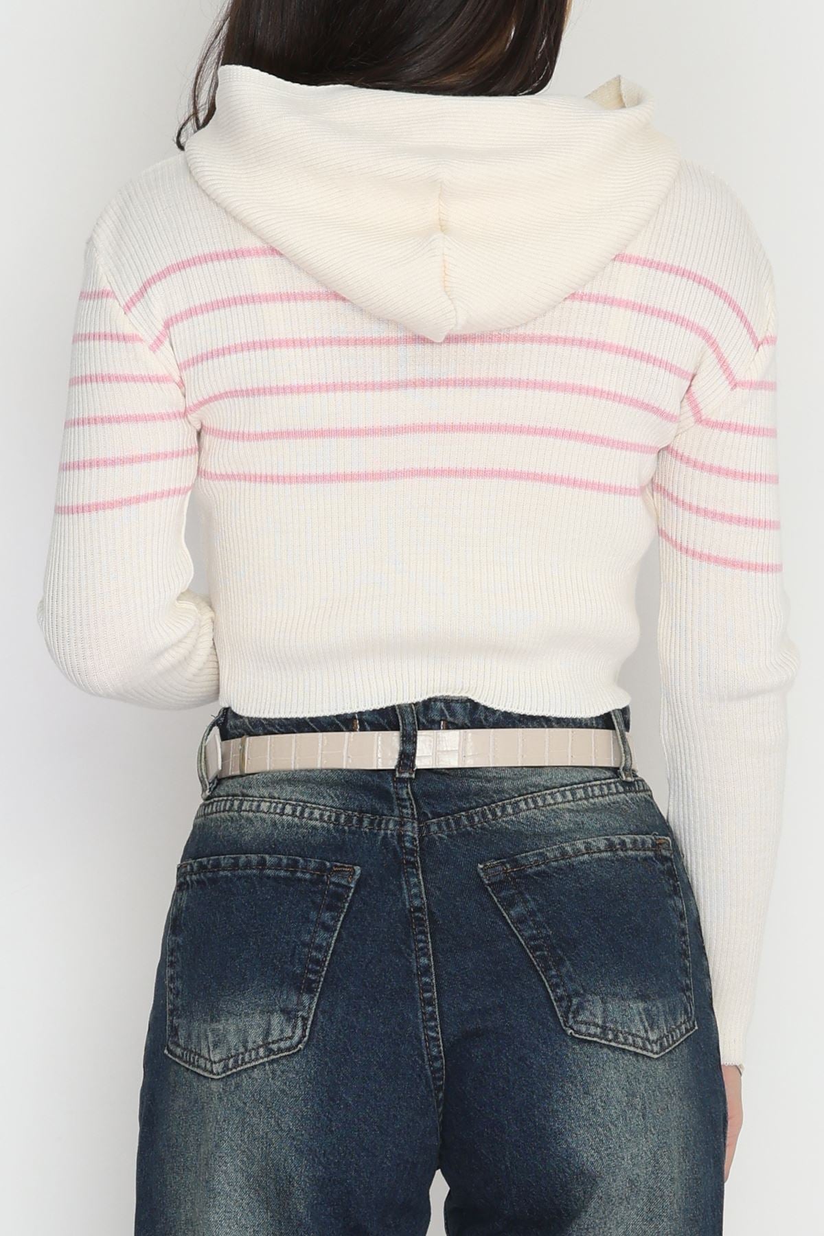 Kapşonlu Çizgili Triko Ekrupembe - 42468.2043.