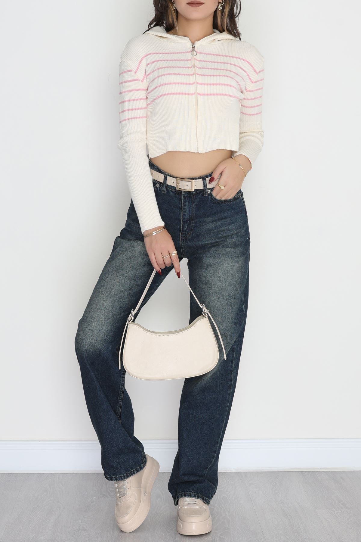 Kapşonlu Çizgili Triko Ekrupembe - 42468.2043.