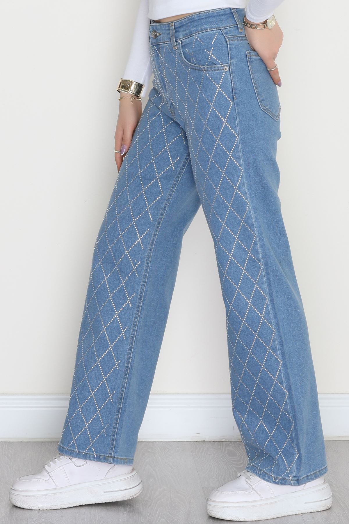 Taşlı Palazzo Kot Pantolon Açıkmavi - 31362.2001.