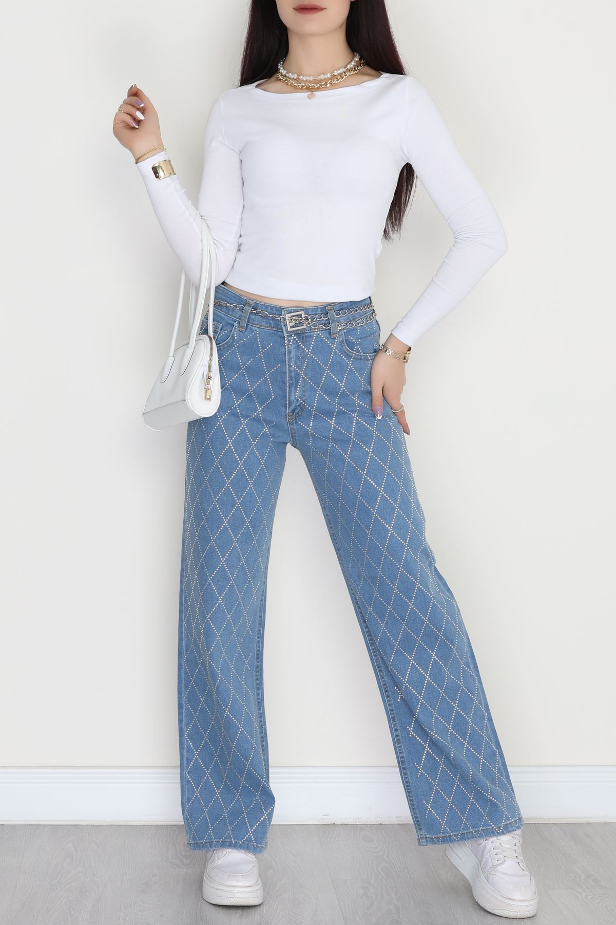 Taşlı Palazzo Kot Pantolon Açıkmavi - 31362.2001.