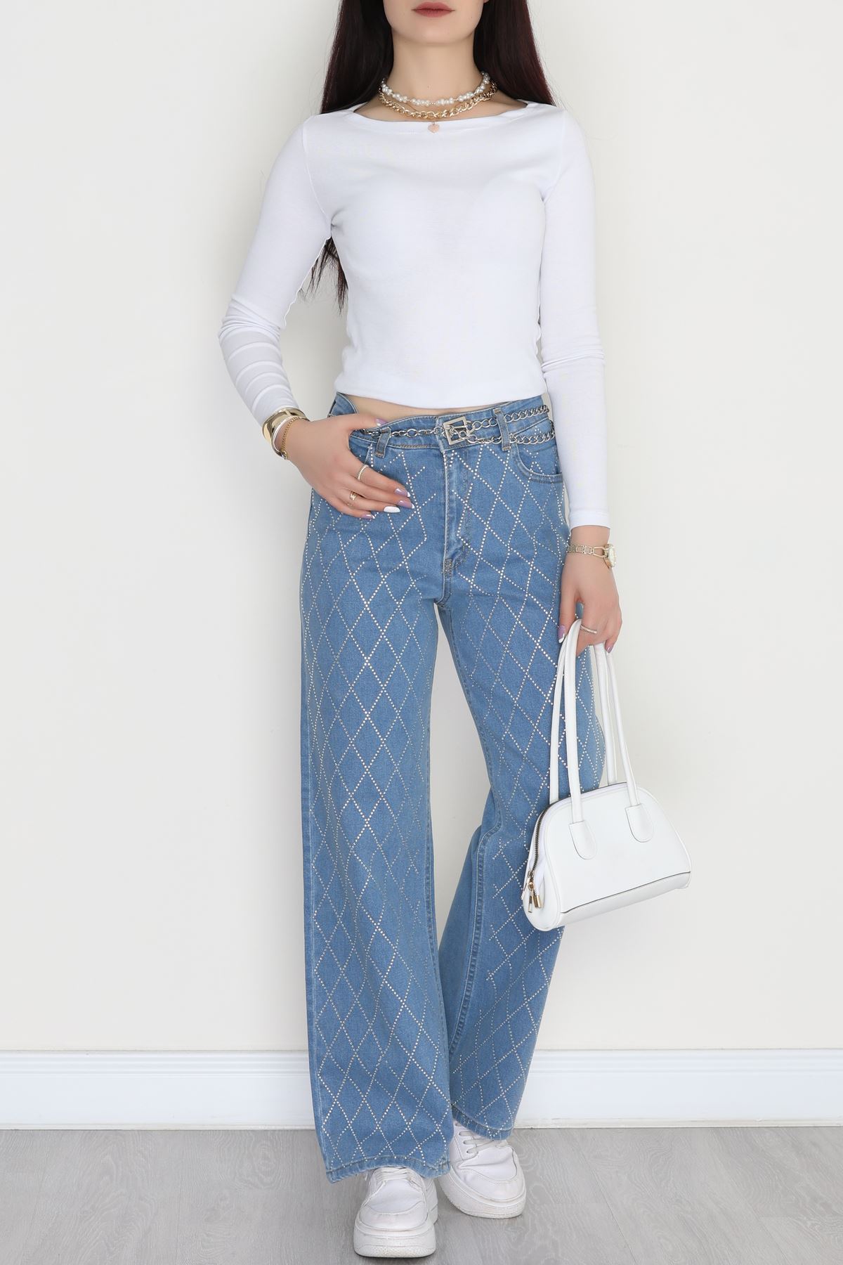 Taşlı Palazzo Kot Pantolon Açıkmavi - 31362.2001.