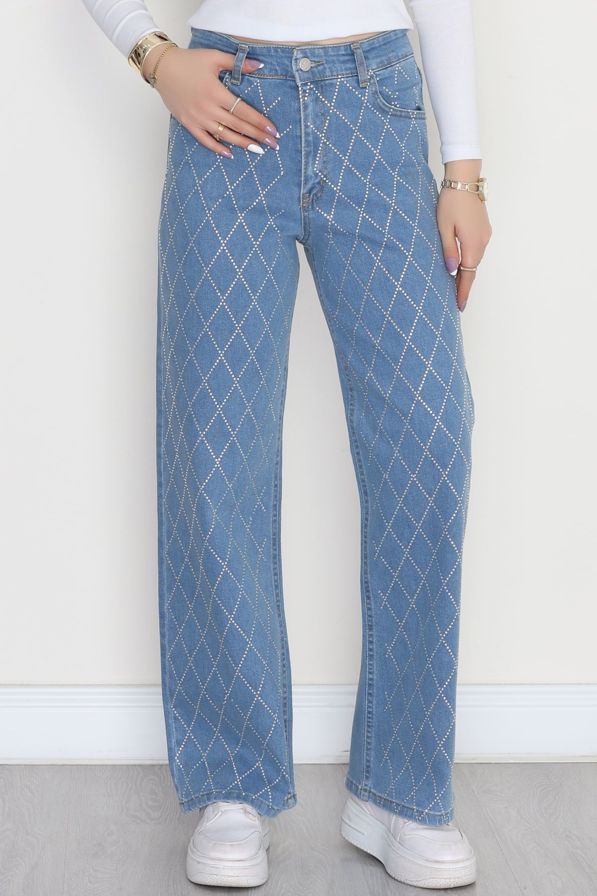 Taşlı Palazzo Kot Pantolon Açıkmavi - 31362.2001.