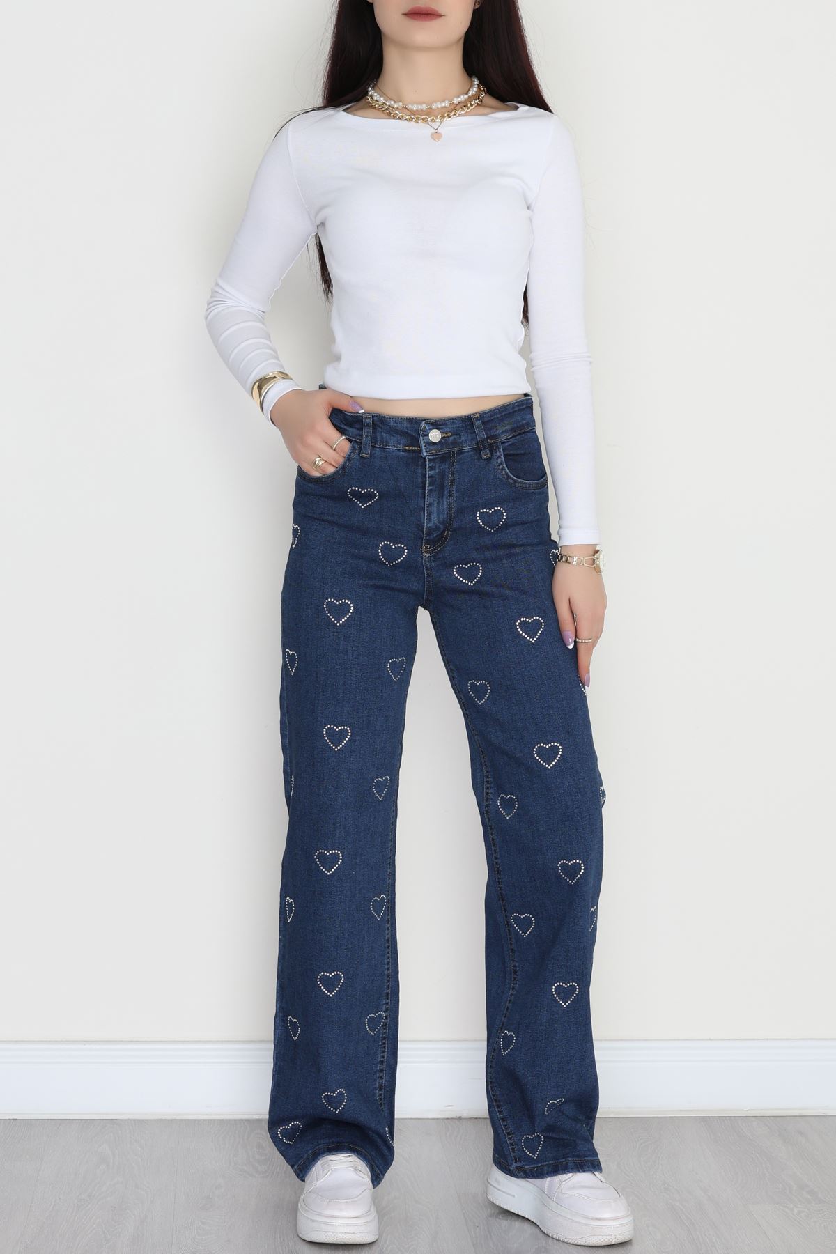 Taşlı Palazzo Kot Pantolon Lacivert - 31528.2001.