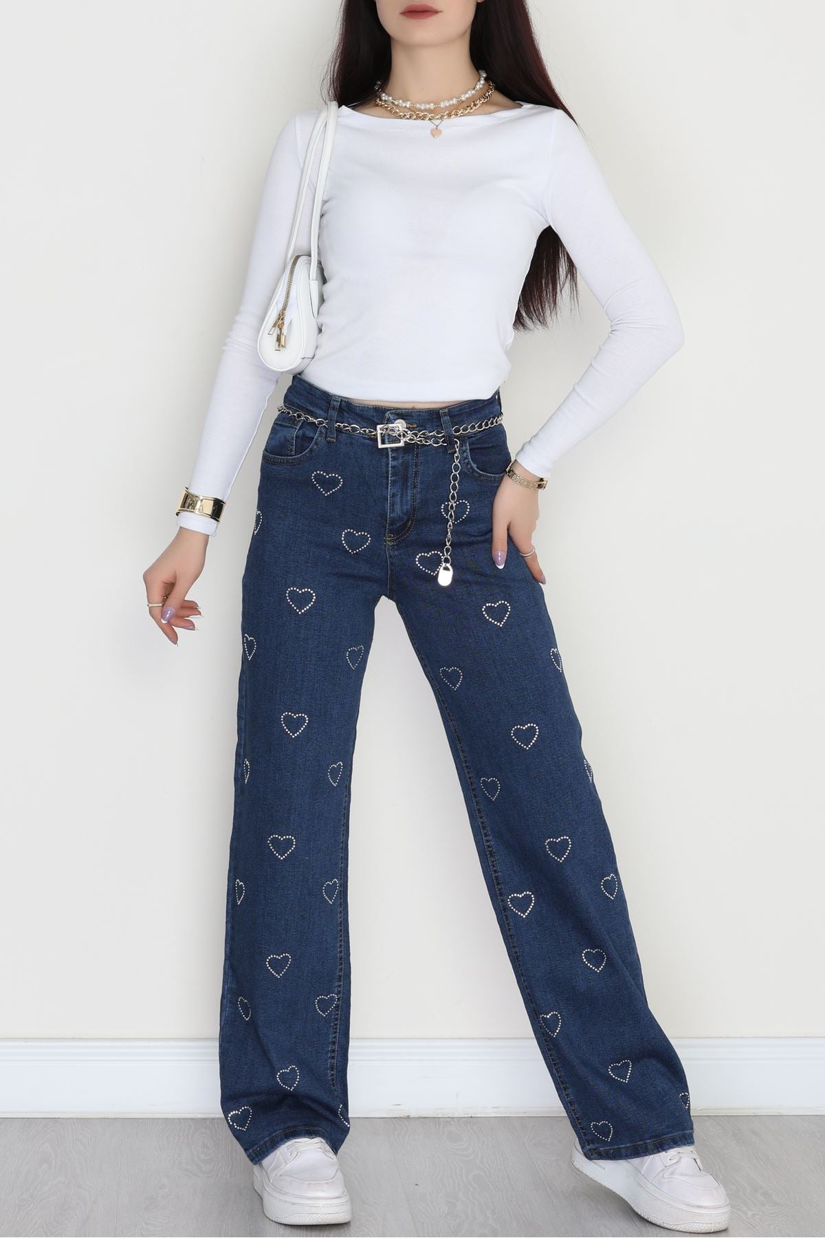 Taşlı Palazzo Kot Pantolon Lacivert - 31528.2001.