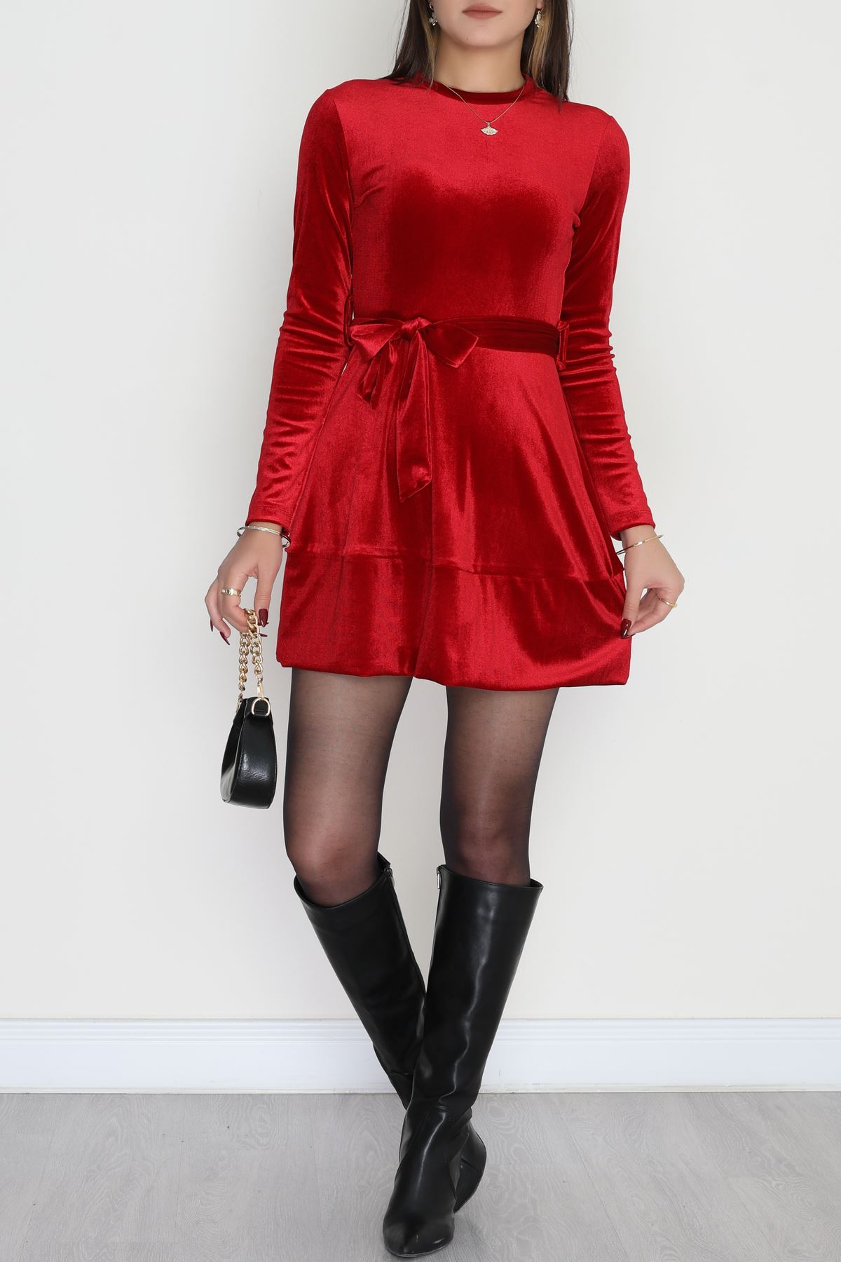 Kemer Detaylı İthal Kadife Elbise Bordo - 42581.1949.