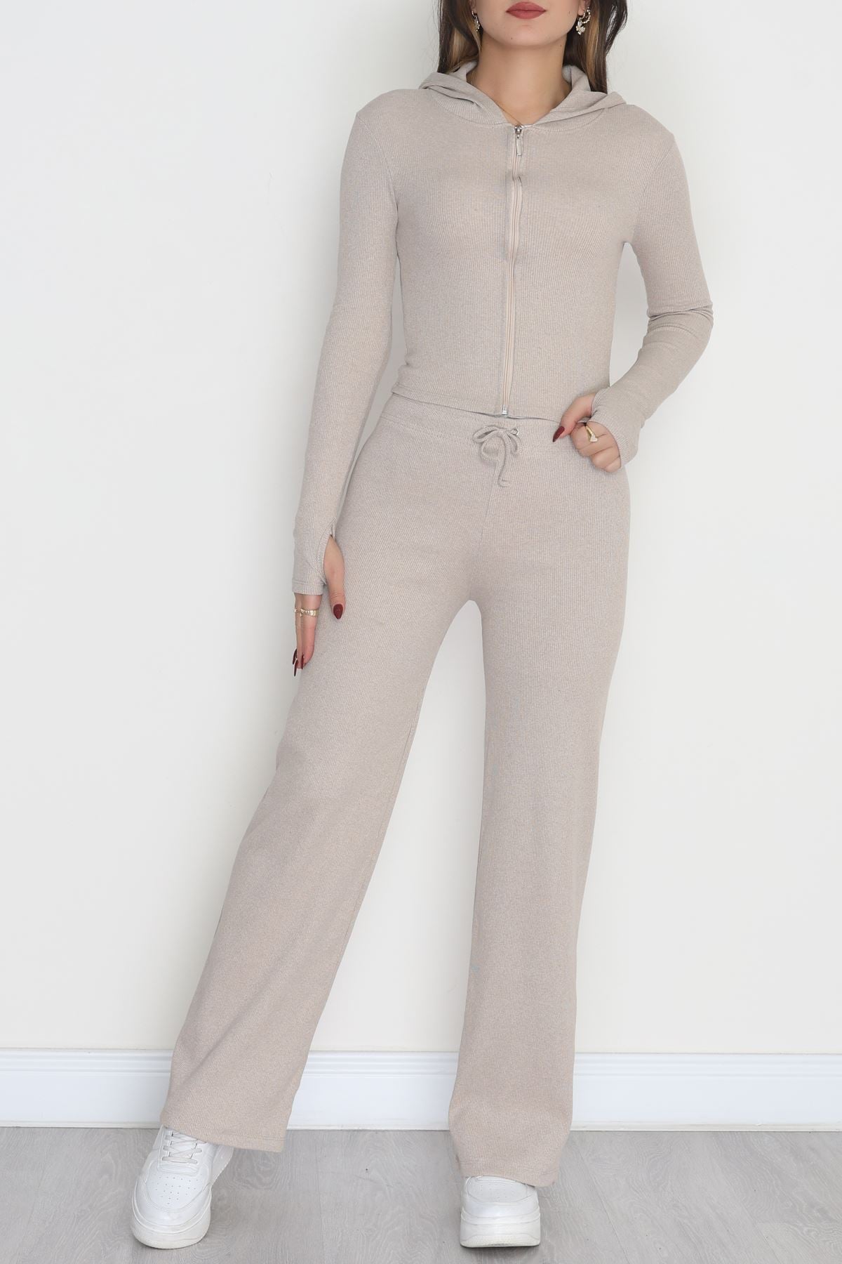 Fermuarlı Kapşonlu Likralı Kaşkorse Takım Bej - 42621.1748.