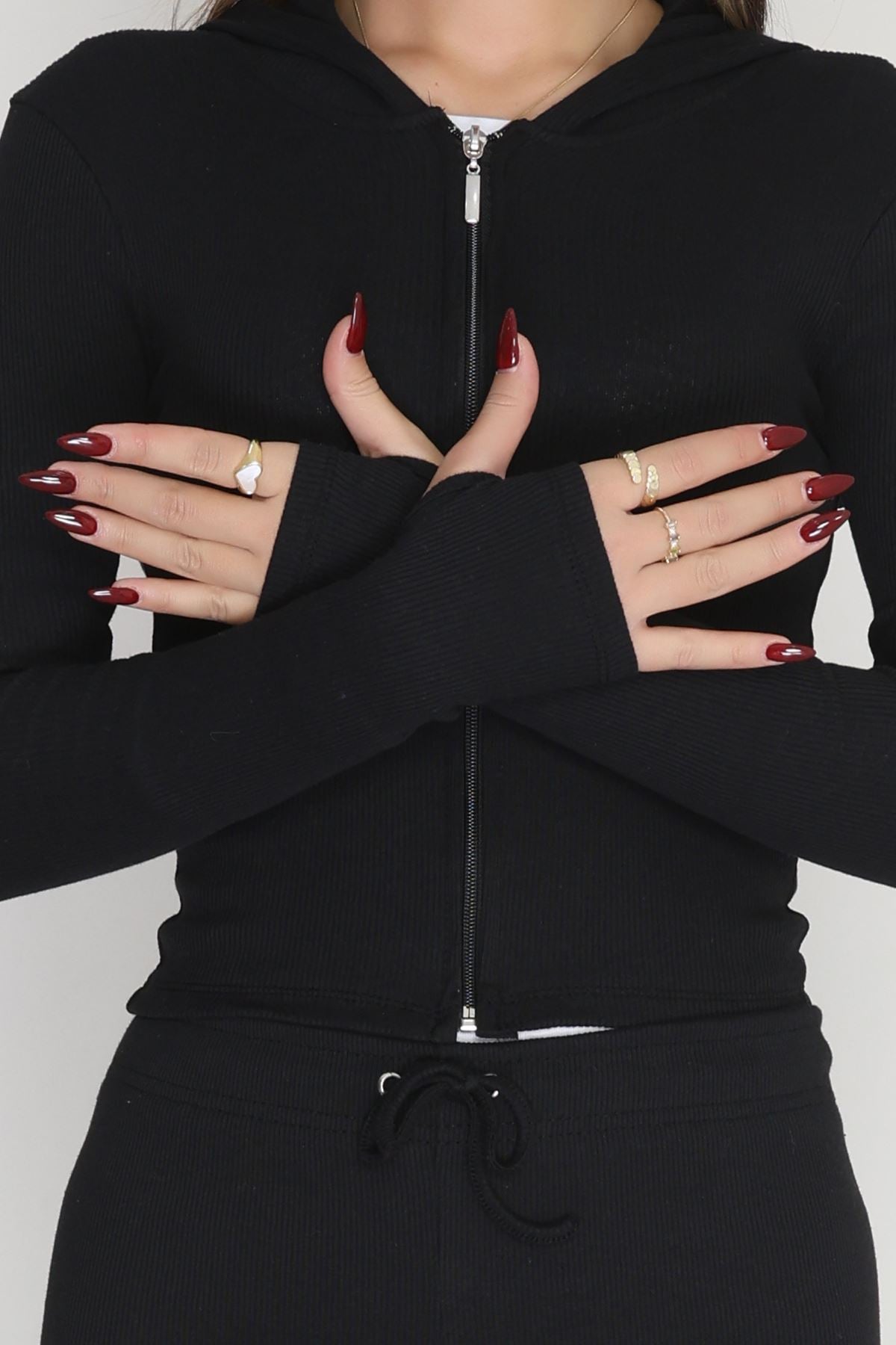 Fermuarlı Kapşonlu Likralı Kaşkorse Takım Siyah - 42621.1748.