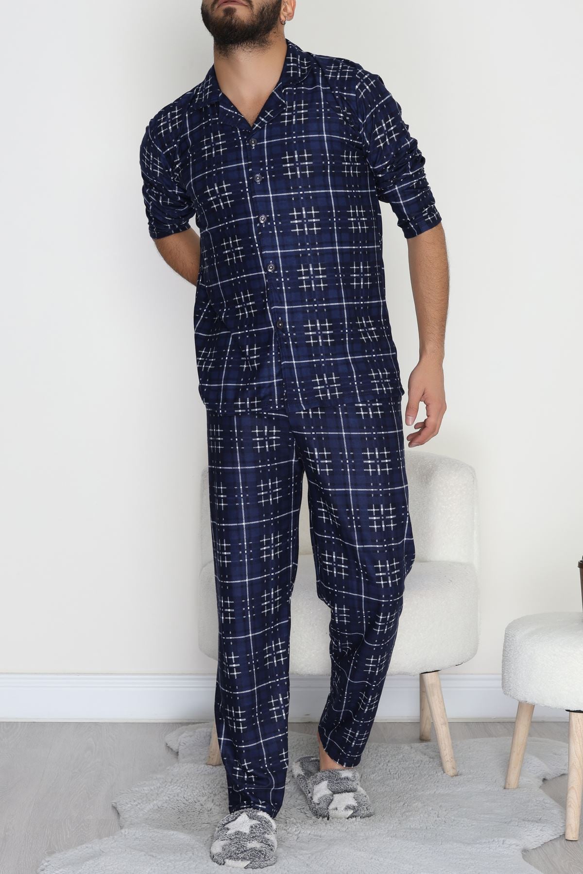 Düğmeli Süet Erkek Pijama Takımı Lacivert - 42641.1951.