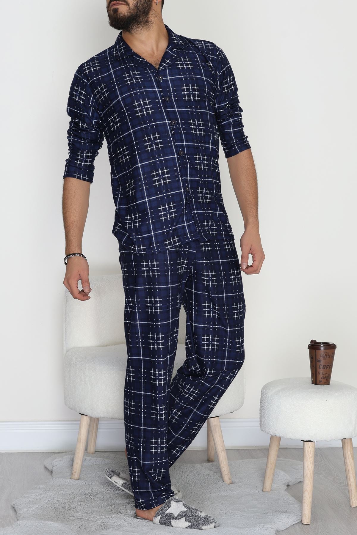 Düğmeli Süet Erkek Pijama Takımı Lacivert - 42641.1951.