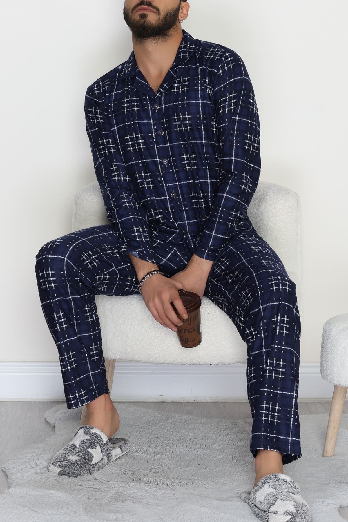 Düğmeli Süet Erkek Pijama Takımı Lacivert - 42641.1951.