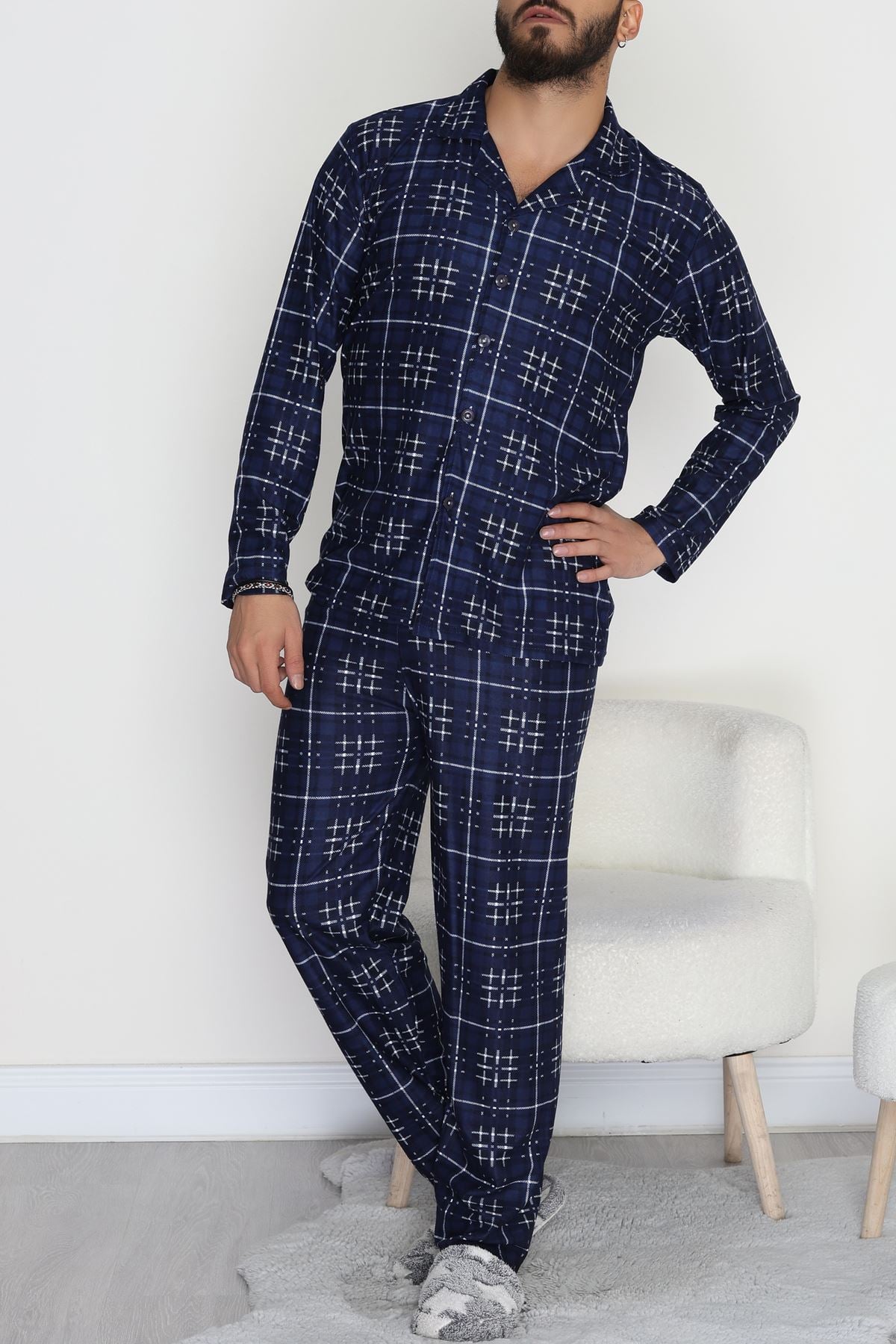 Düğmeli Süet Erkek Pijama Takımı Lacivert - 42641.1951.