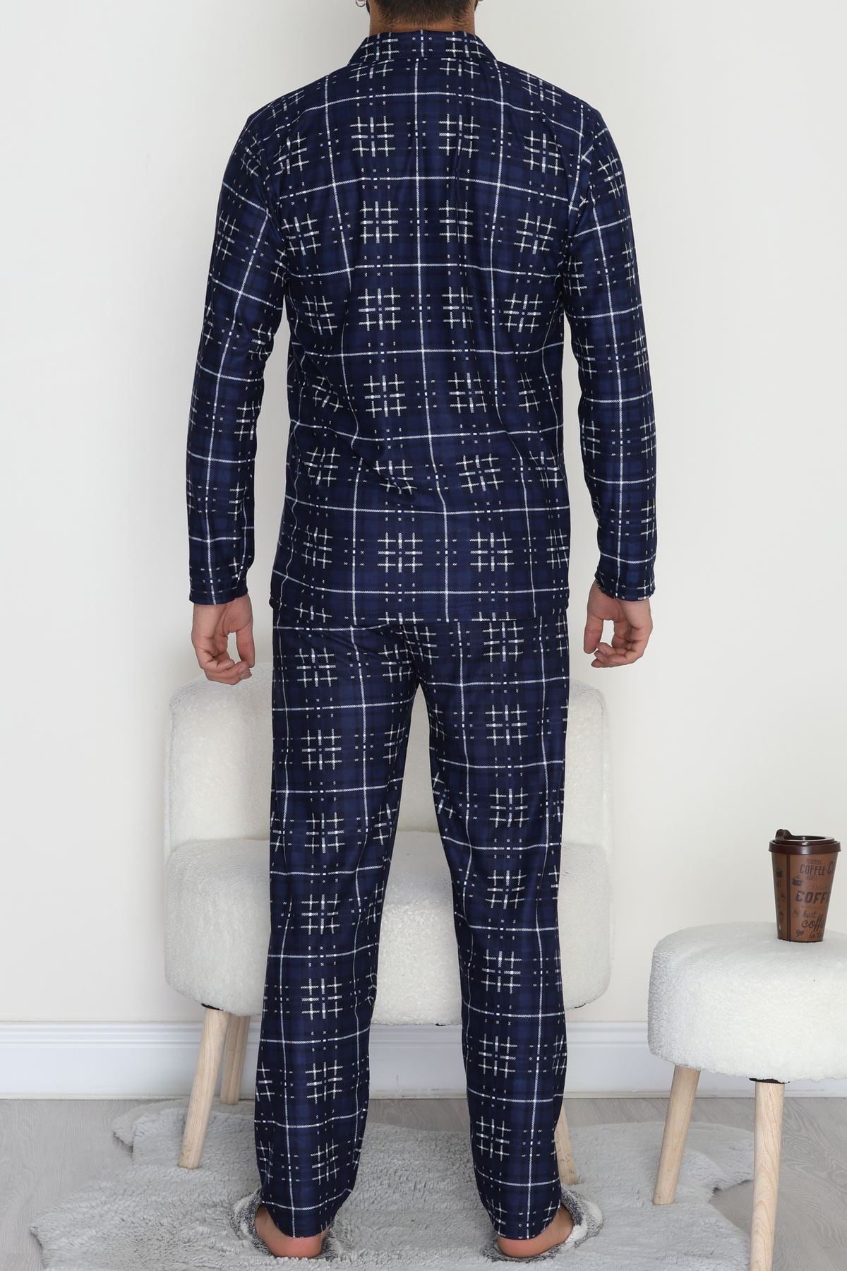 Düğmeli Süet Erkek Pijama Takımı Lacivert - 42641.1951.