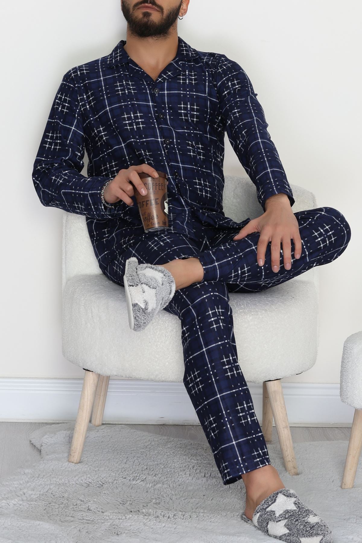 Düğmeli Süet Erkek Pijama Takımı Lacivert - 42641.1951.