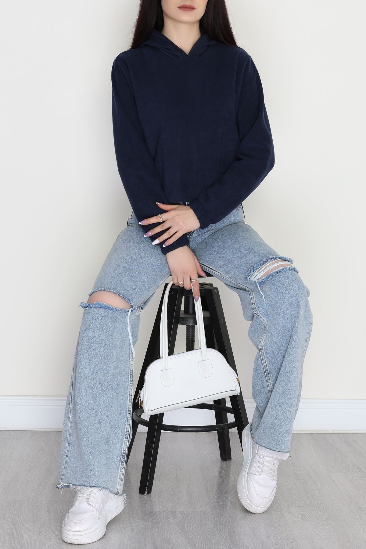 Bel Lastikli Kapşonlu Polar Sweat Lacivert - 52035.053.