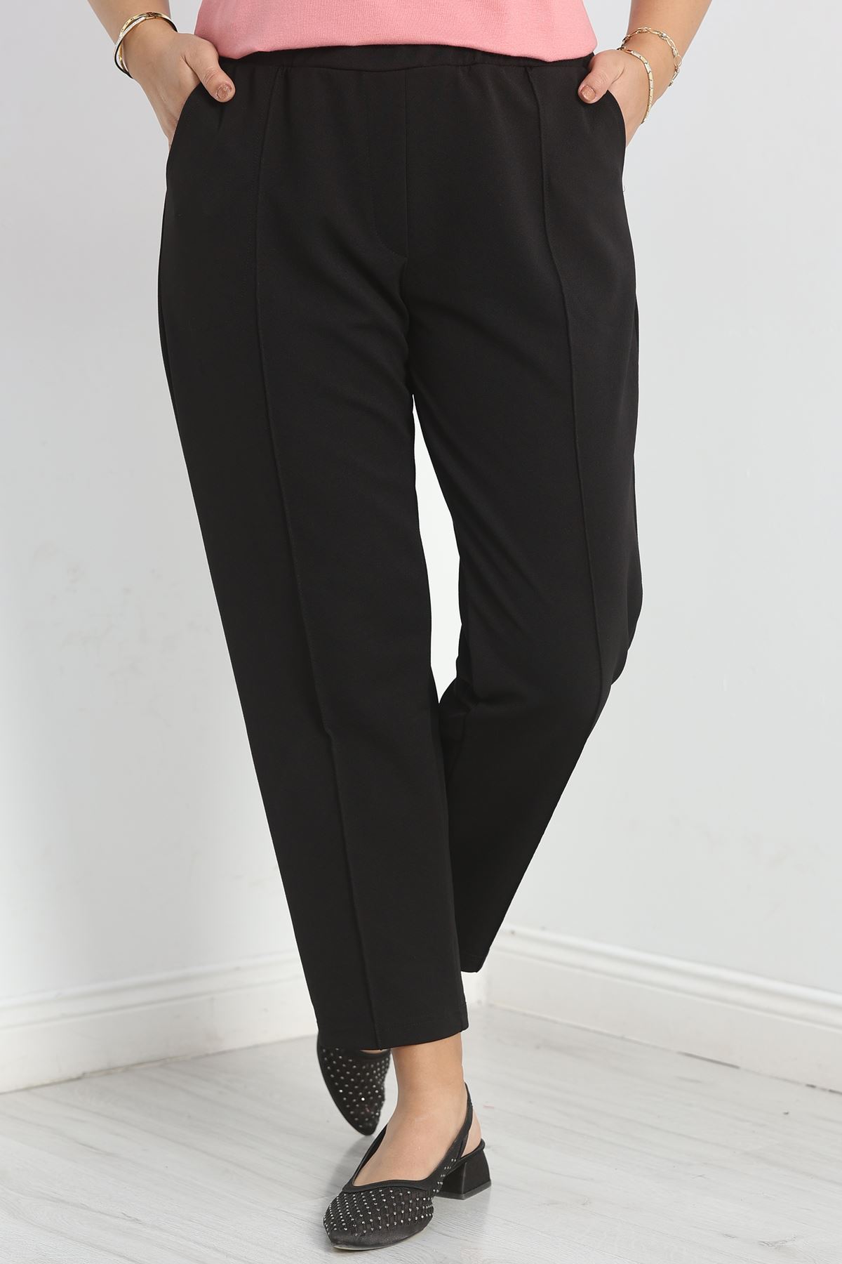Büyük Beden Çımalı Zra Krep Pantolon Siyah - 40955.1992.